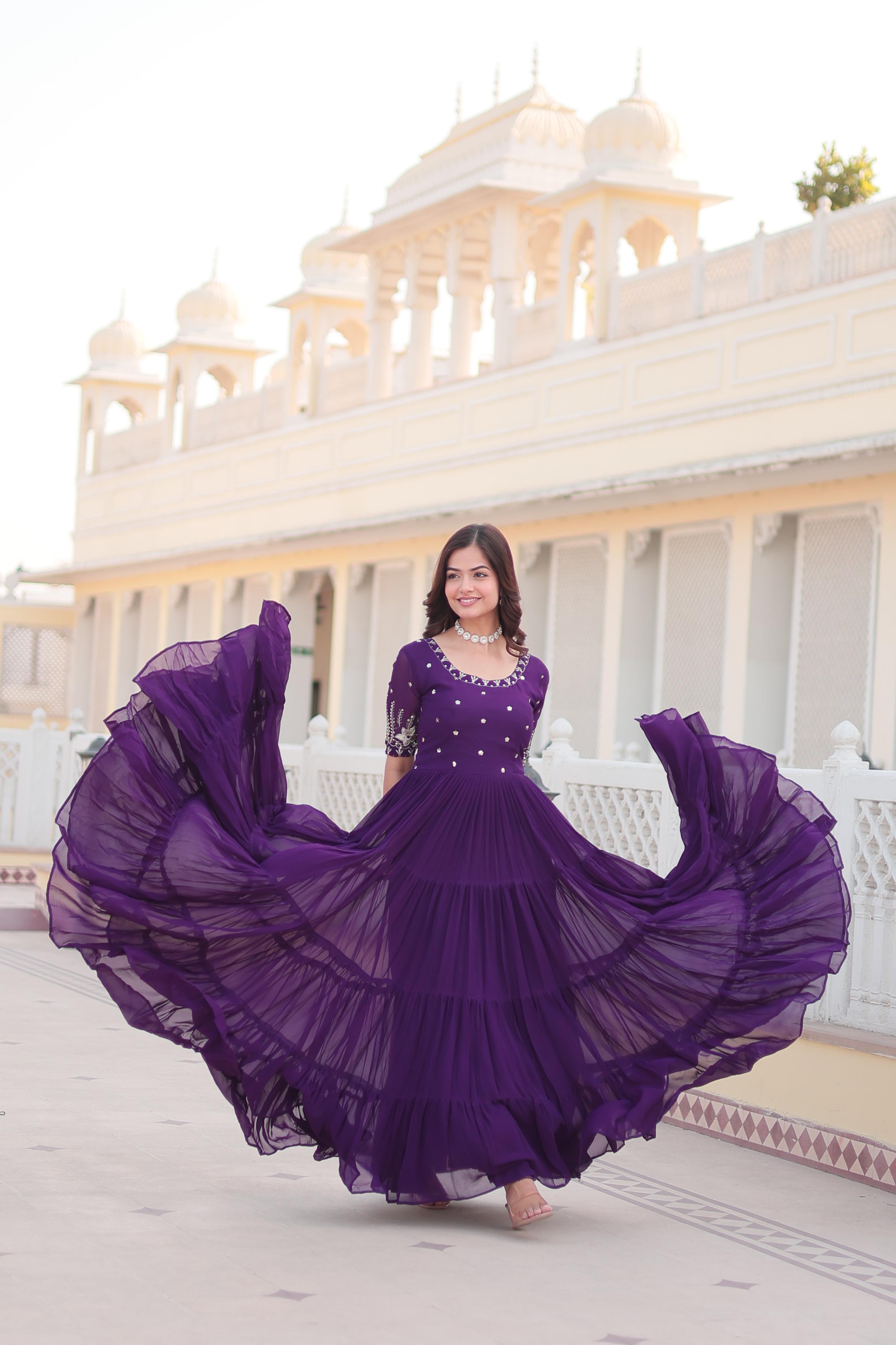 Wonderful Purple Color Zari Thread Sequence Work Gown