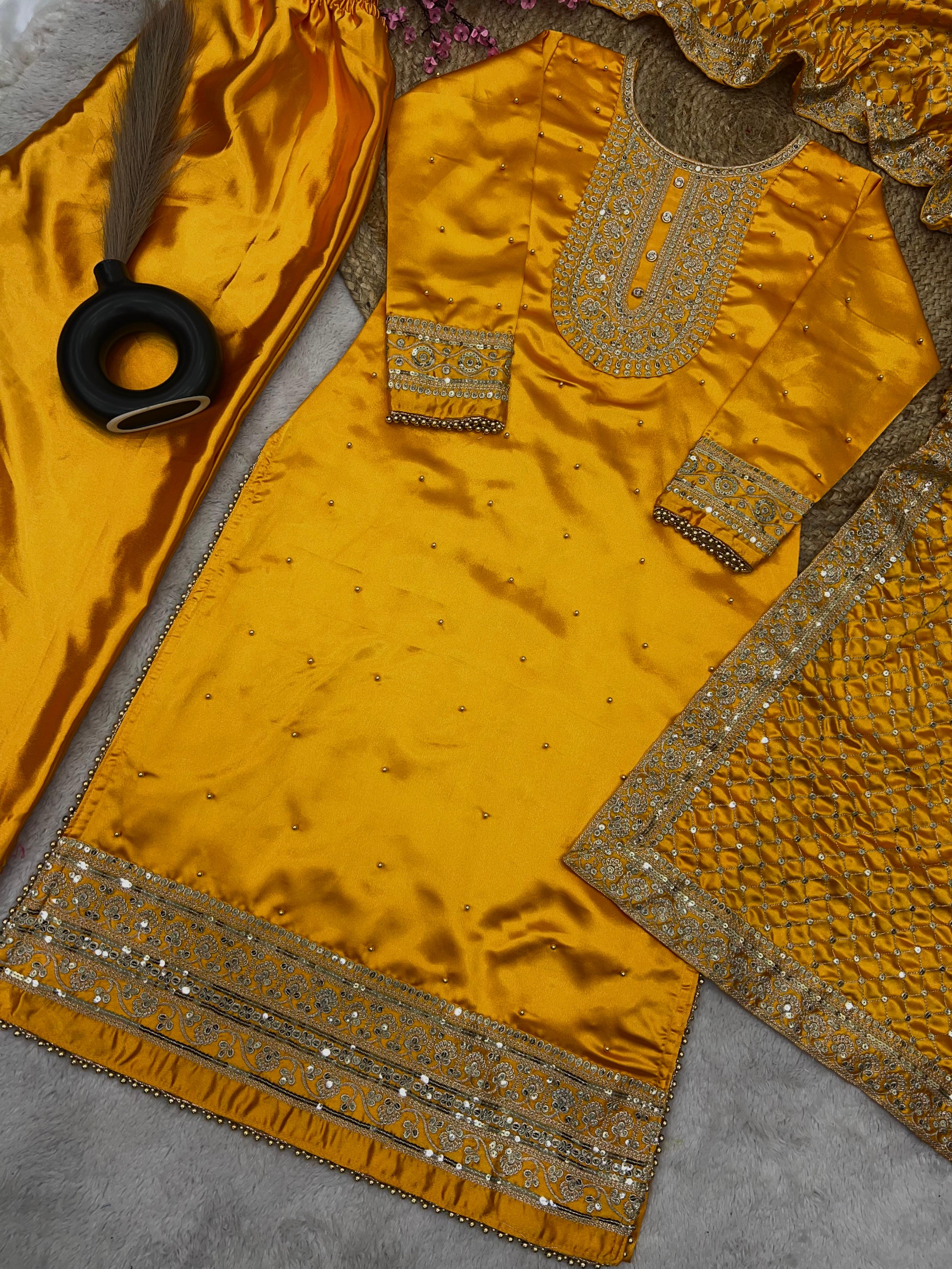 Pretty Mustard Color Embroidery Pearls Work Salwar Suit