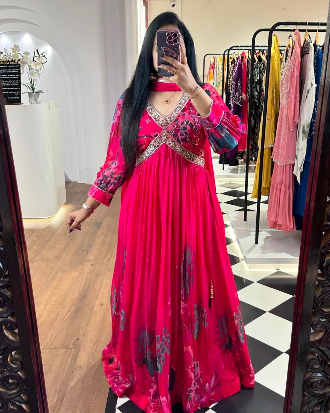 Attractive Thread Sequence Work Printed Pink Gown
