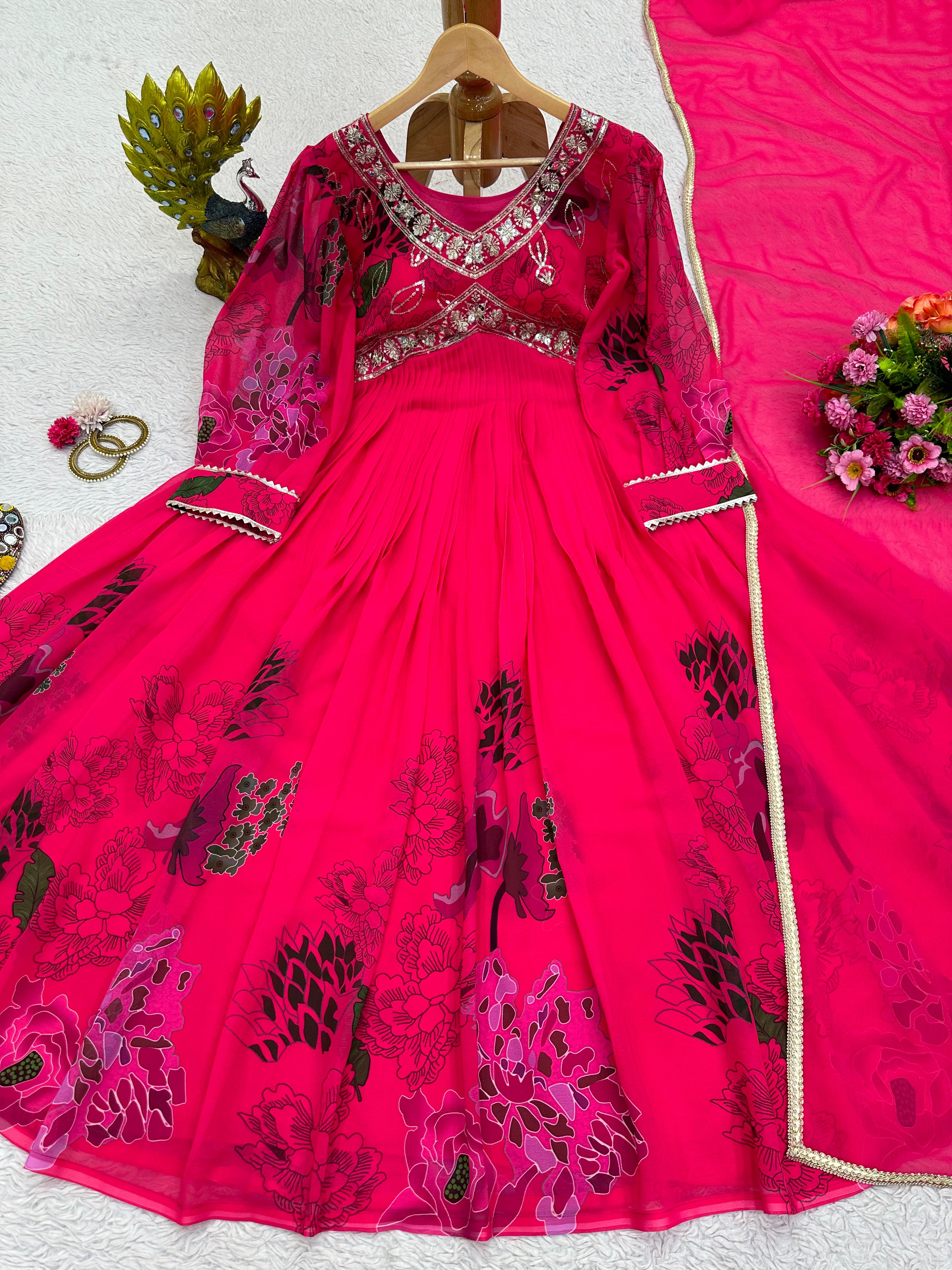 Attractive Thread Sequence Work Printed Pink Gown