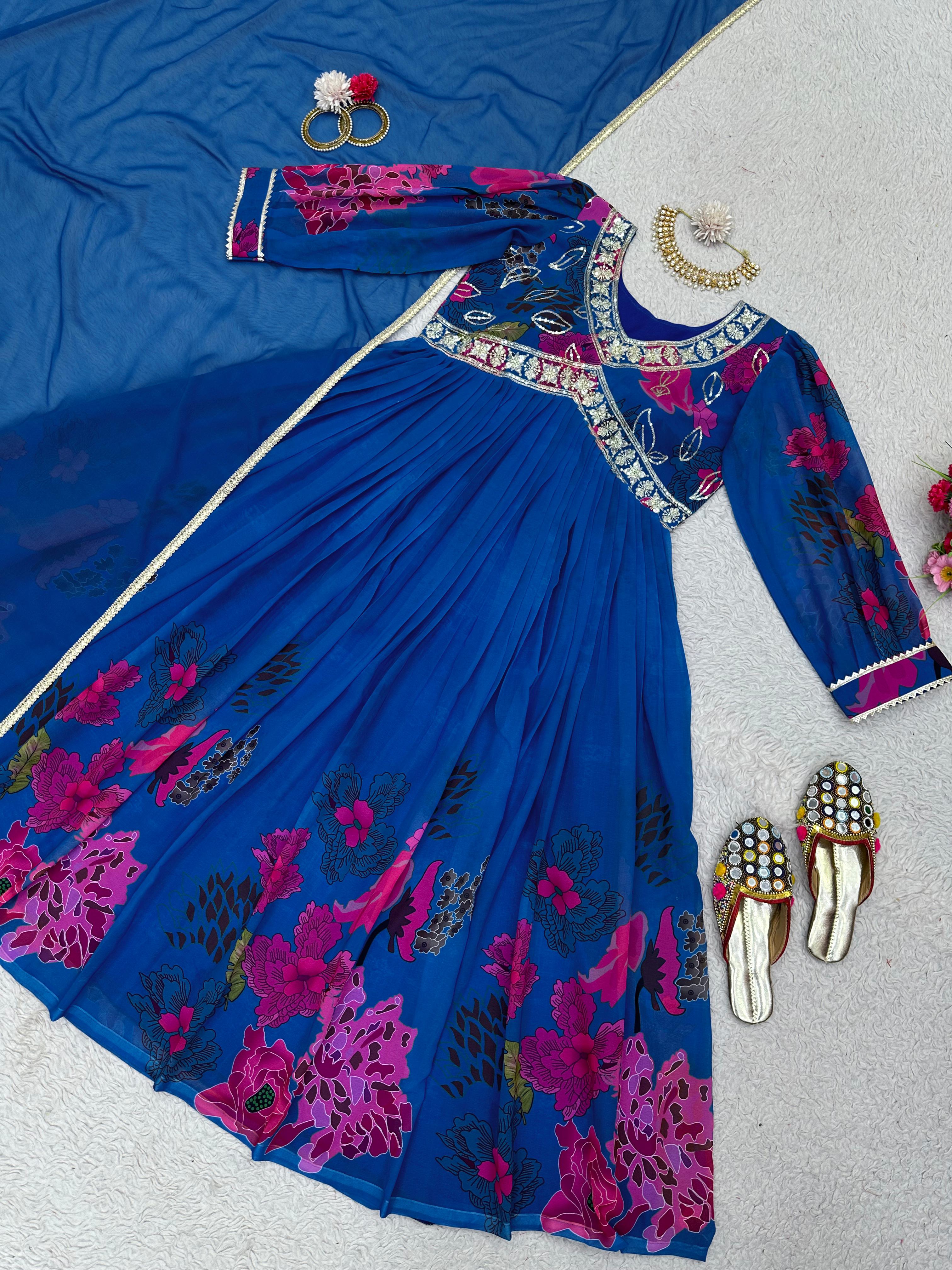 Attractive Thread Sequence Work Printed Blue Gown