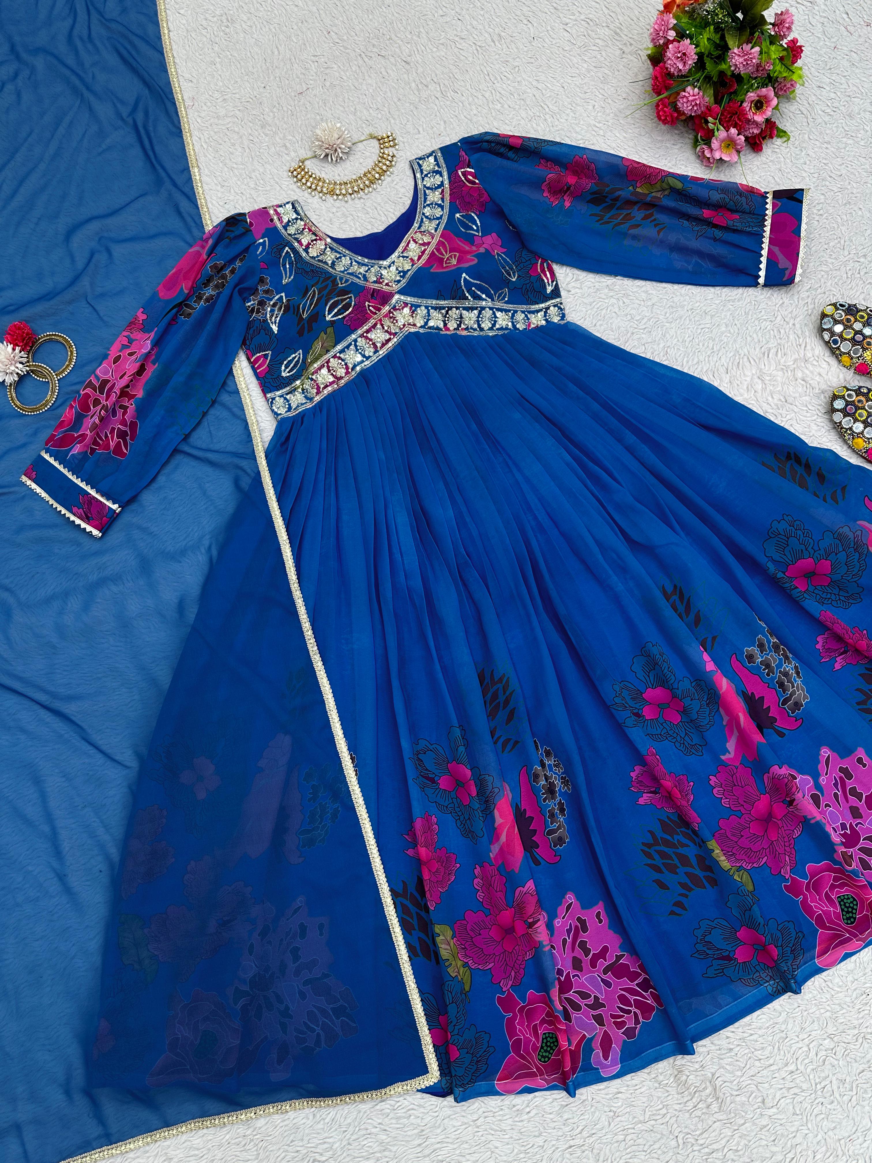 Attractive Thread Sequence Work Printed Blue Gown
