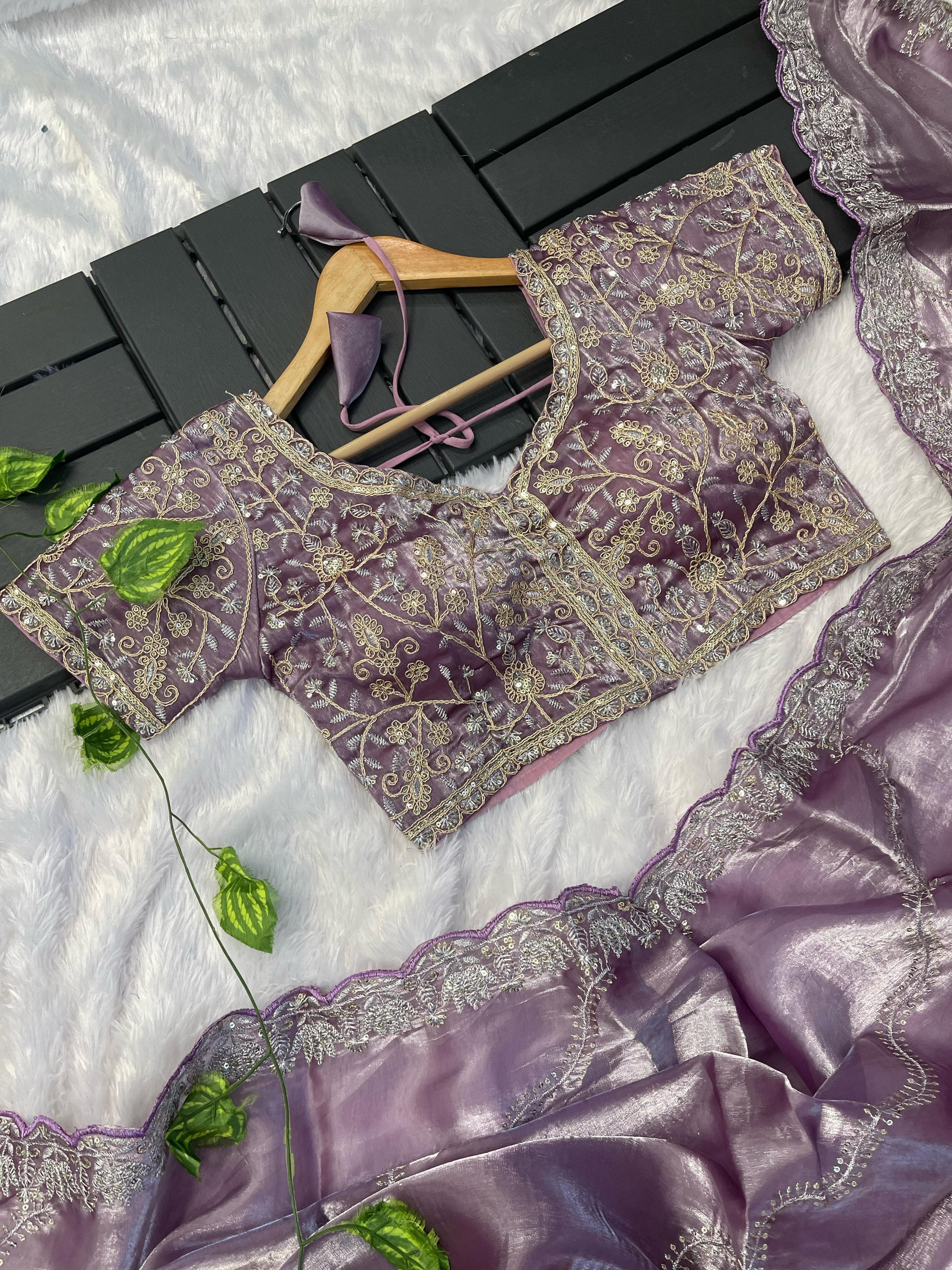 Exclusive Embroidery Cutwork Lavender Color Saree