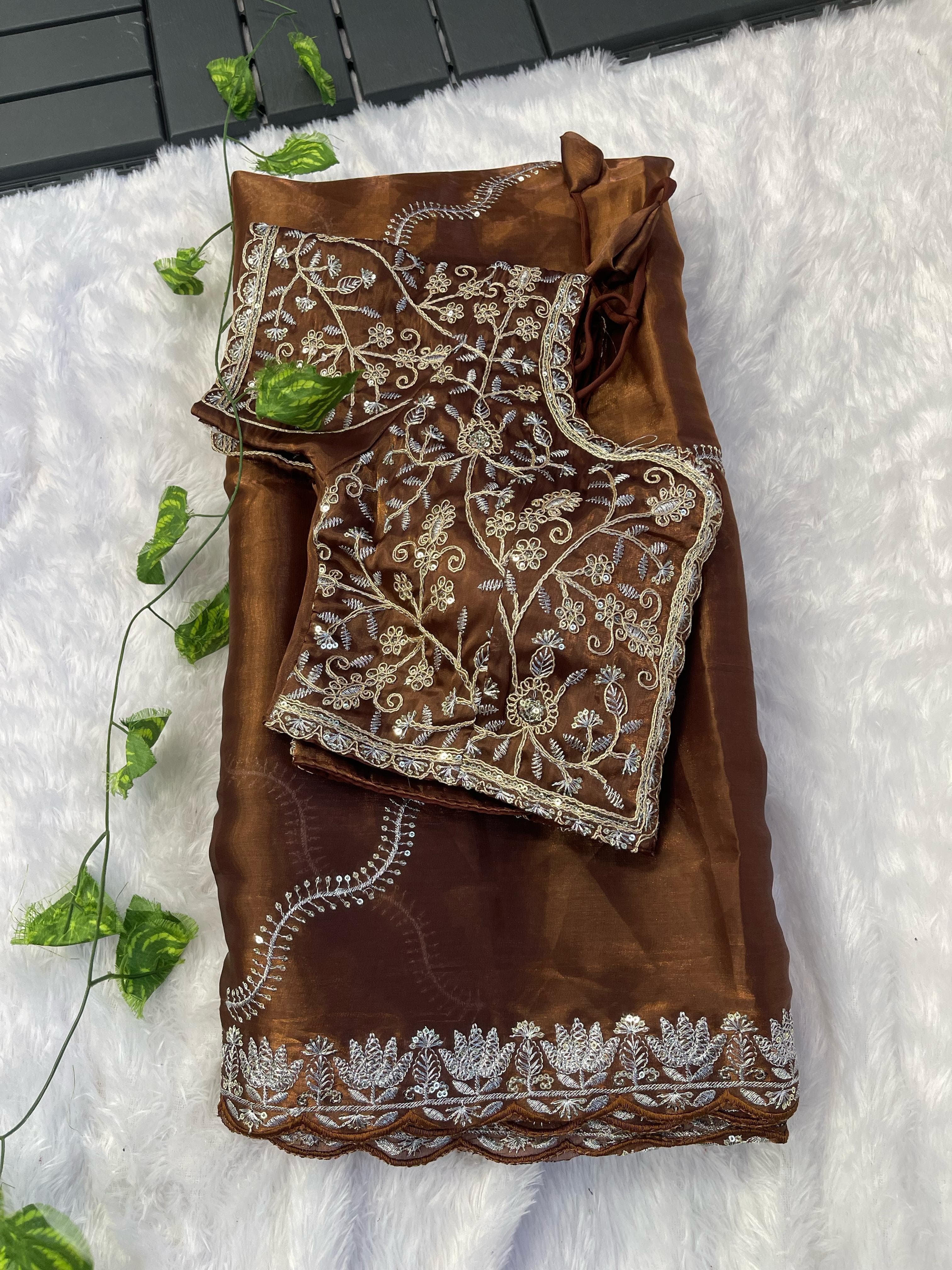 Exclusive Embroidery Cutwork Brown Color Saree