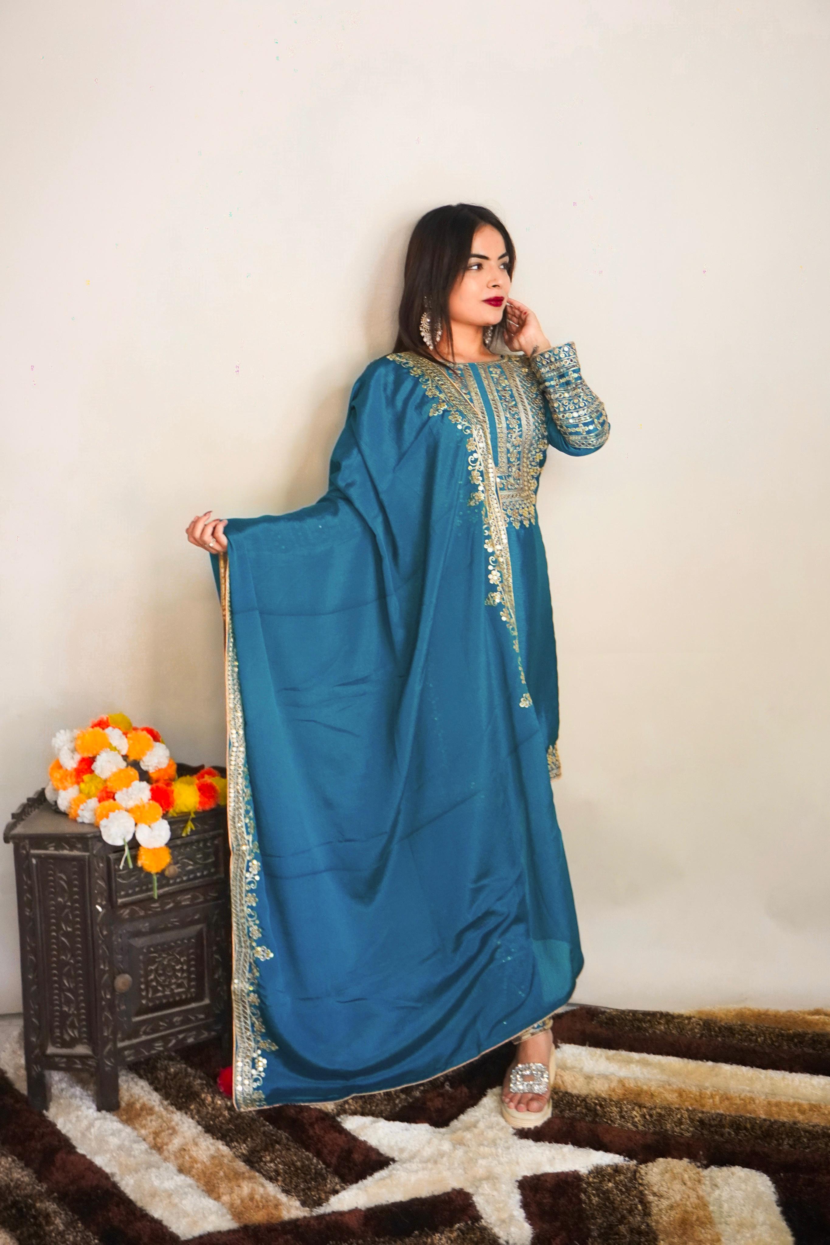 Blue Color Full Sleeve Embroidery Work Salwar Suit