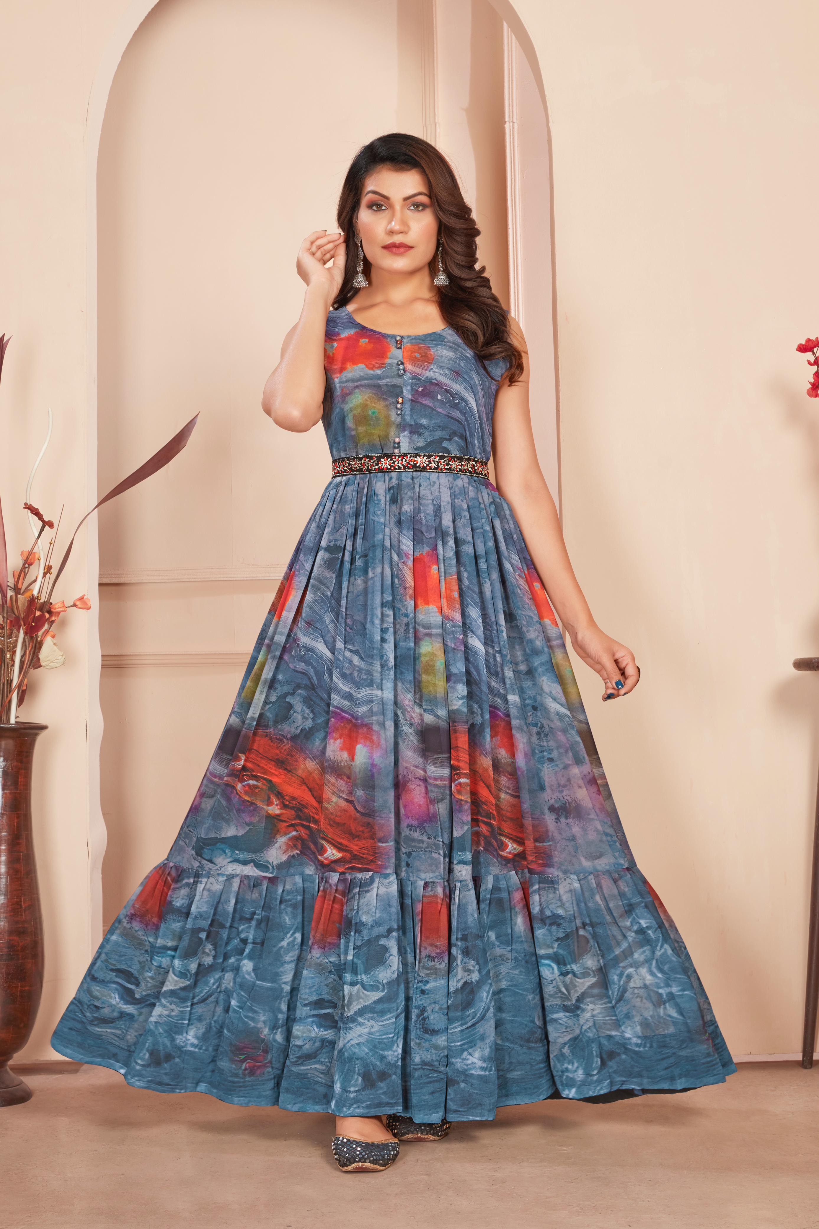 Gray Color Digital Printed Gown With Waist Belt