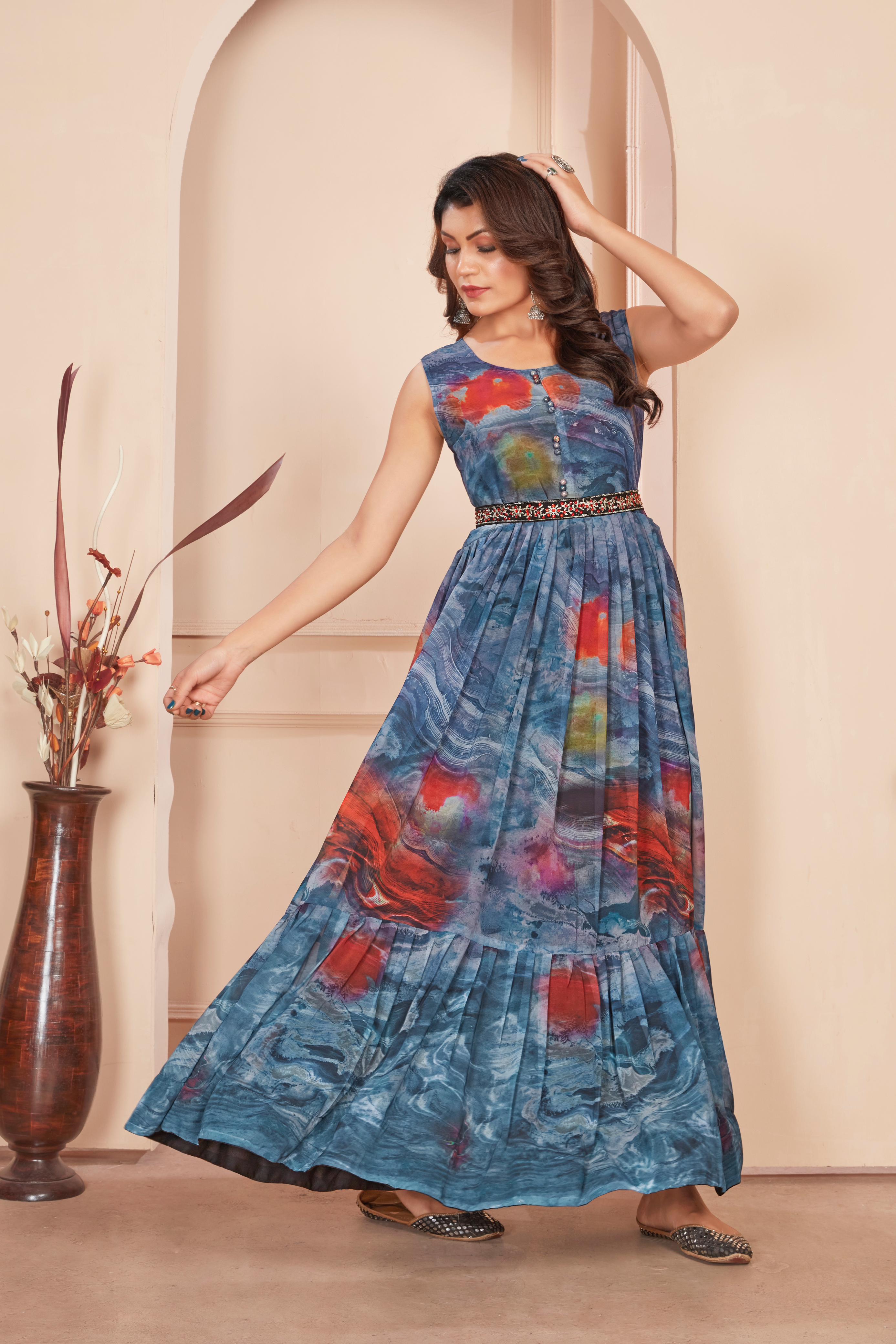 Gray Color Digital Printed Gown With Waist Belt