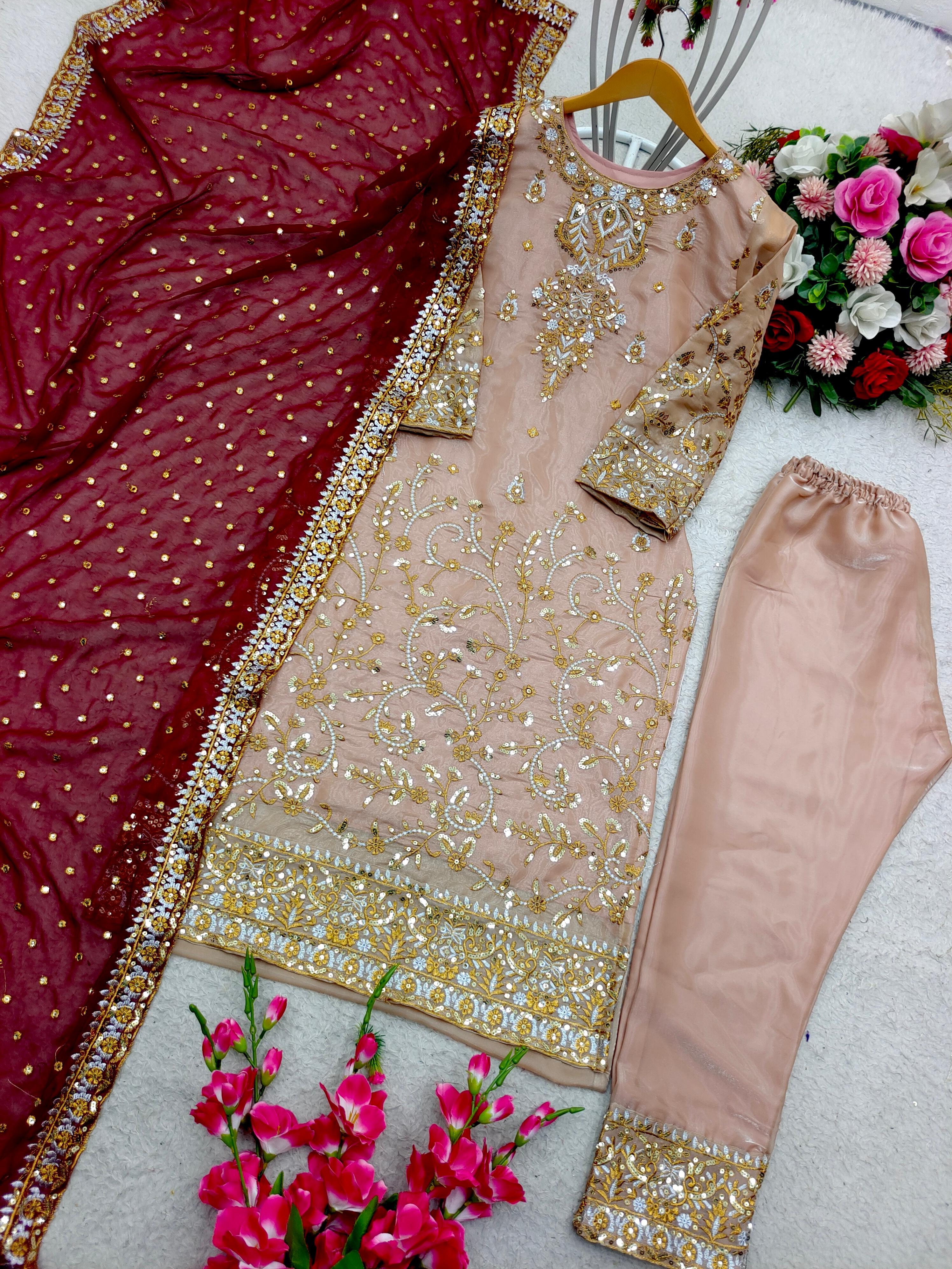 Peach Salwar Suit With Maroon Dupatta All Over Work