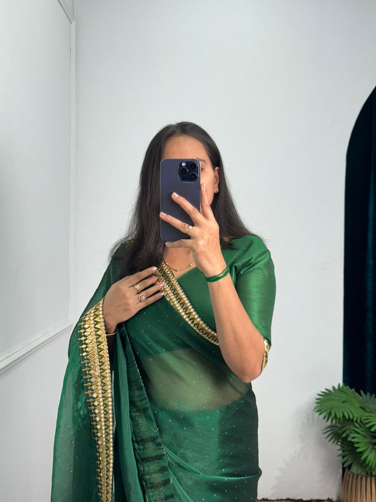 Terrific Embroidery Lace Work Green Color Saree