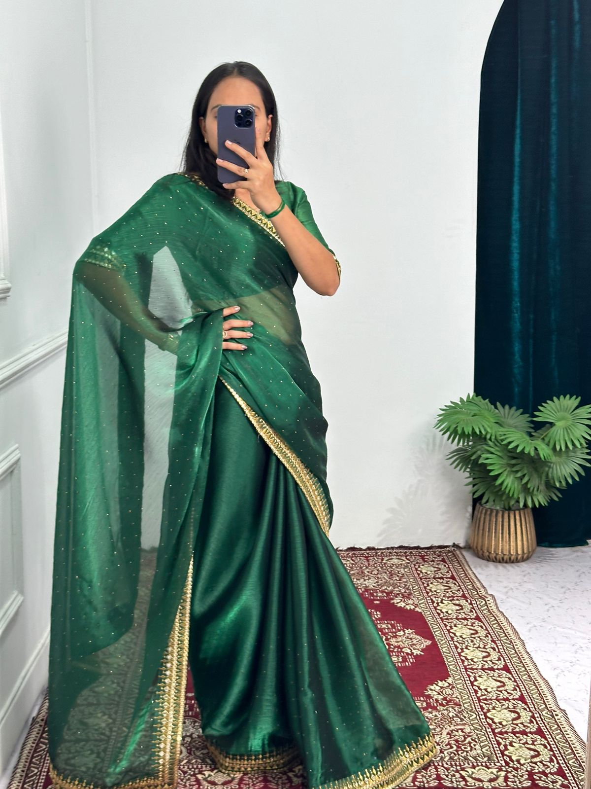 Terrific Embroidery Lace Work Green Color Saree