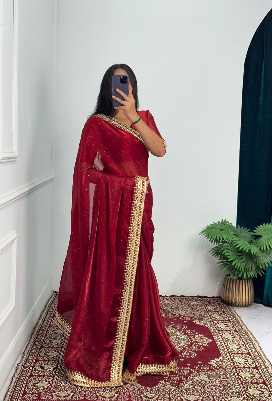 Terrific Embroidery Lace Work Red Color Saree