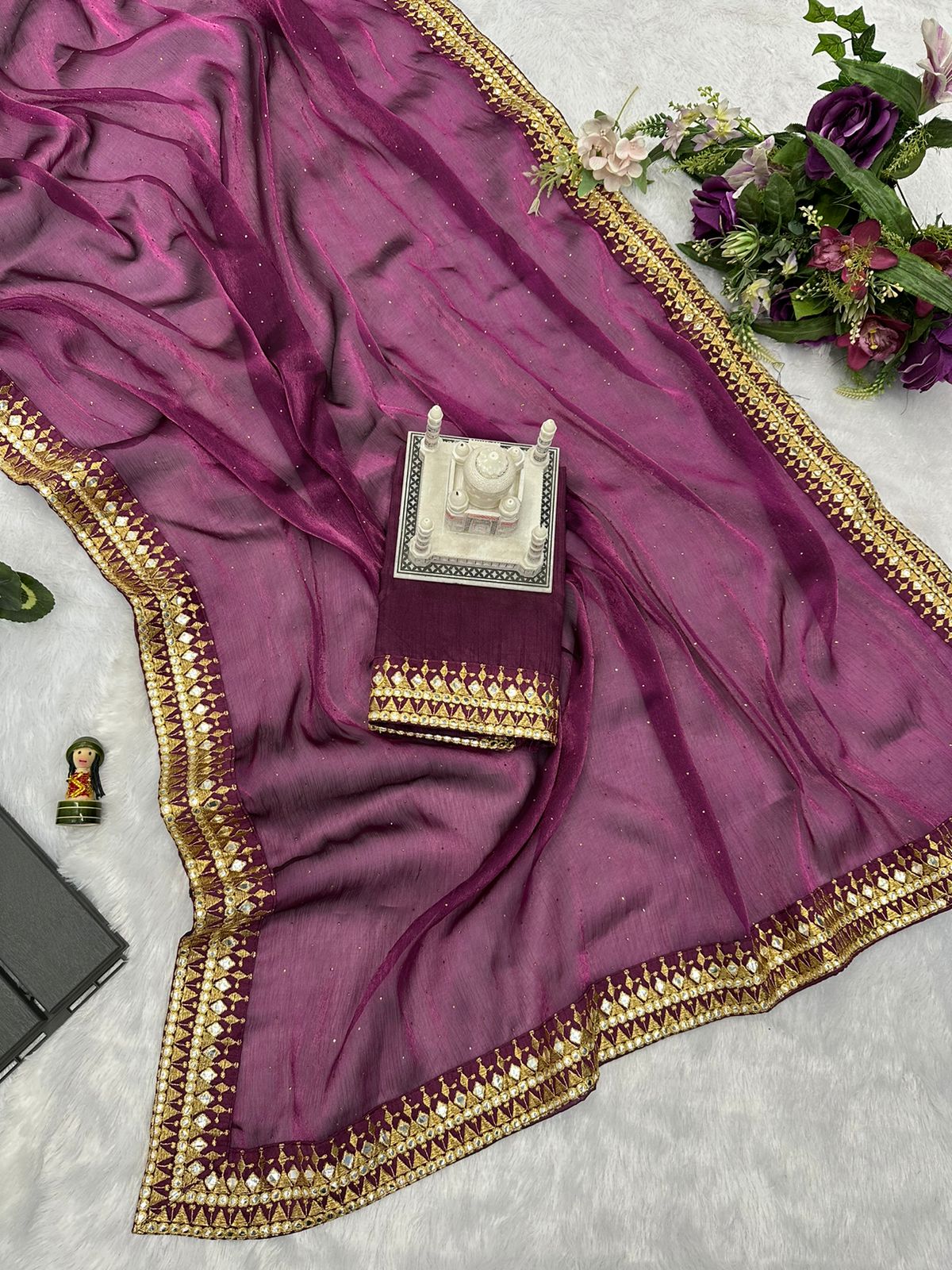 Terrific Embroidery Lace Work Wine Color Saree