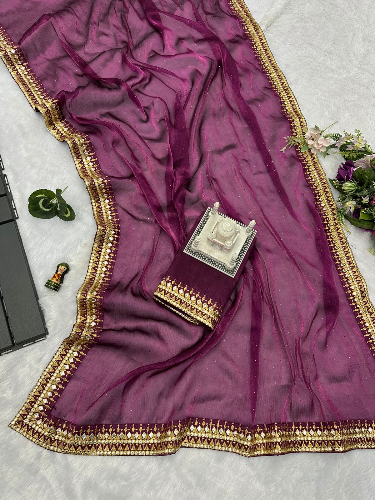 Terrific Embroidery Lace Work Wine Color Saree