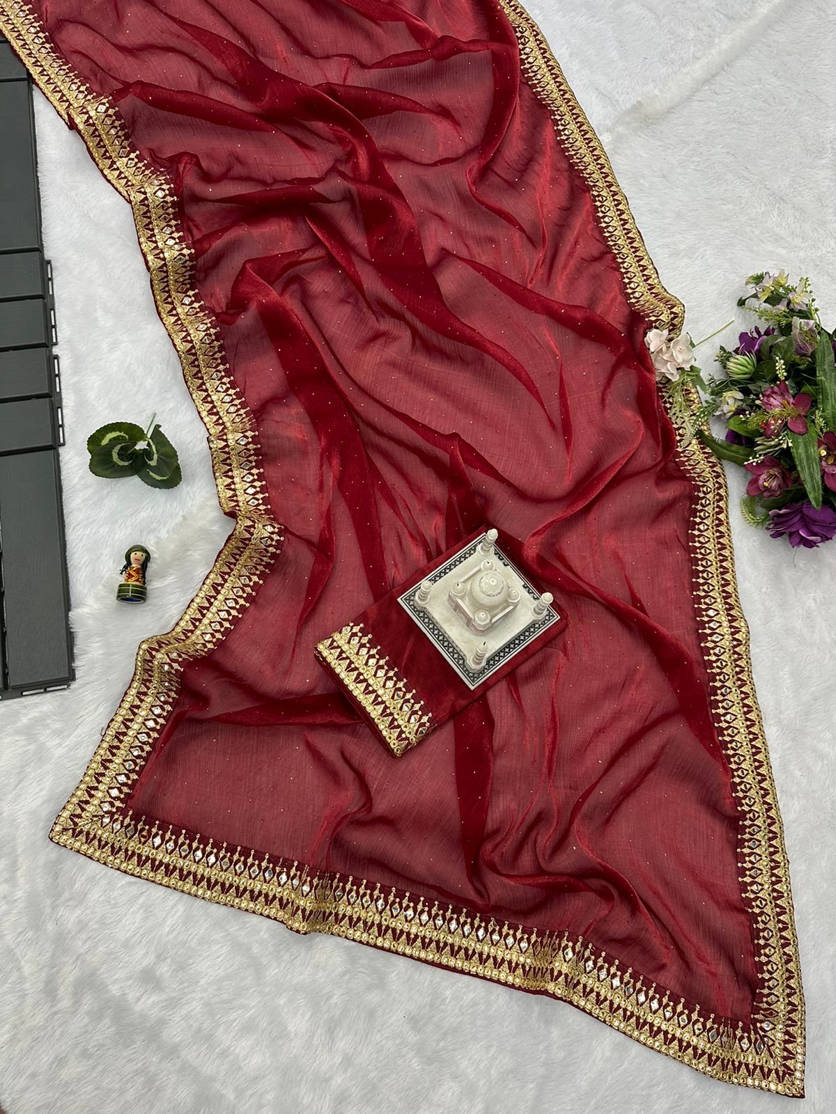 Terrific Embroidery Lace Work Red Color Saree