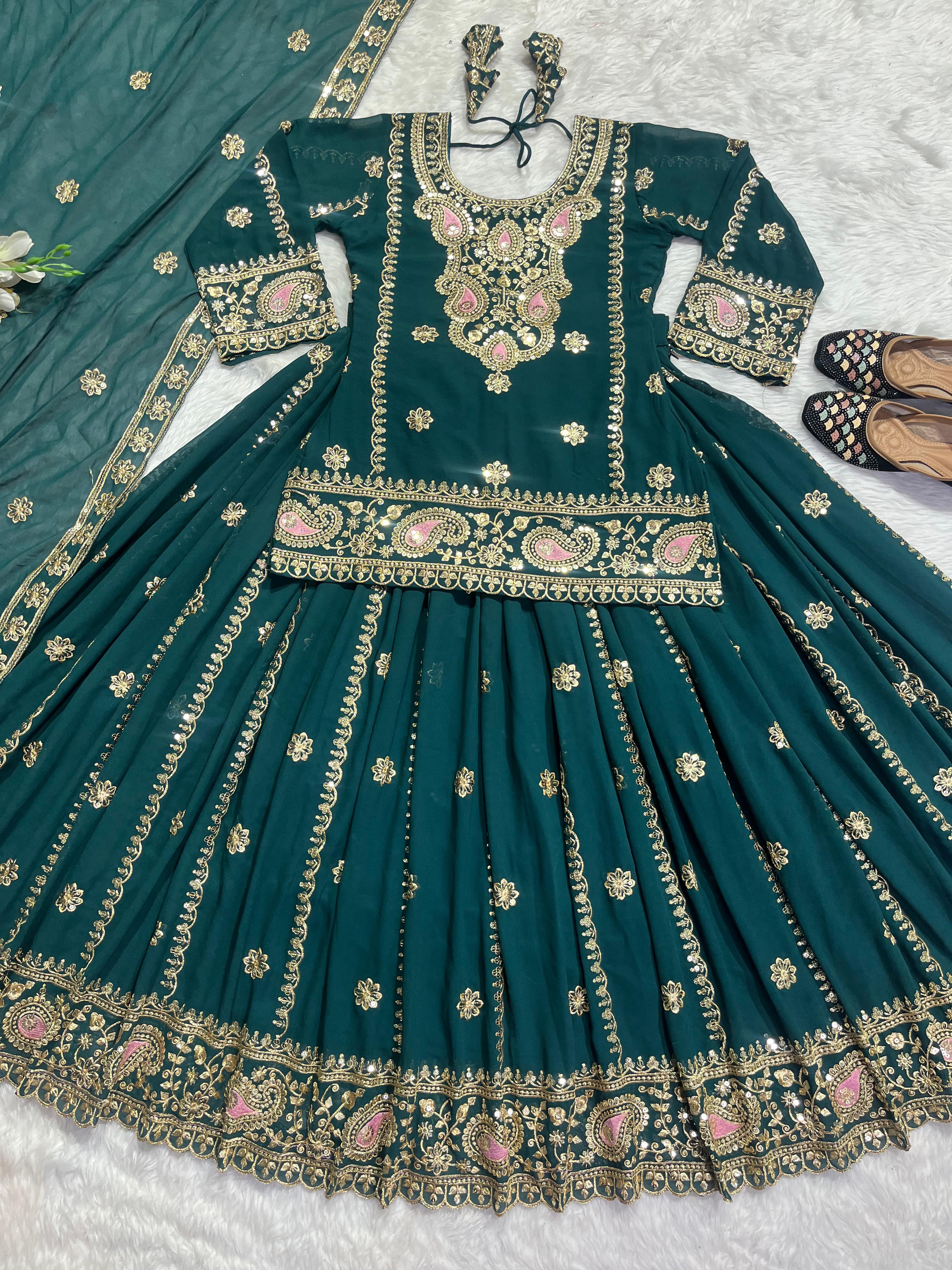 Pretty Green Color Sequence Work Lehenga Suit