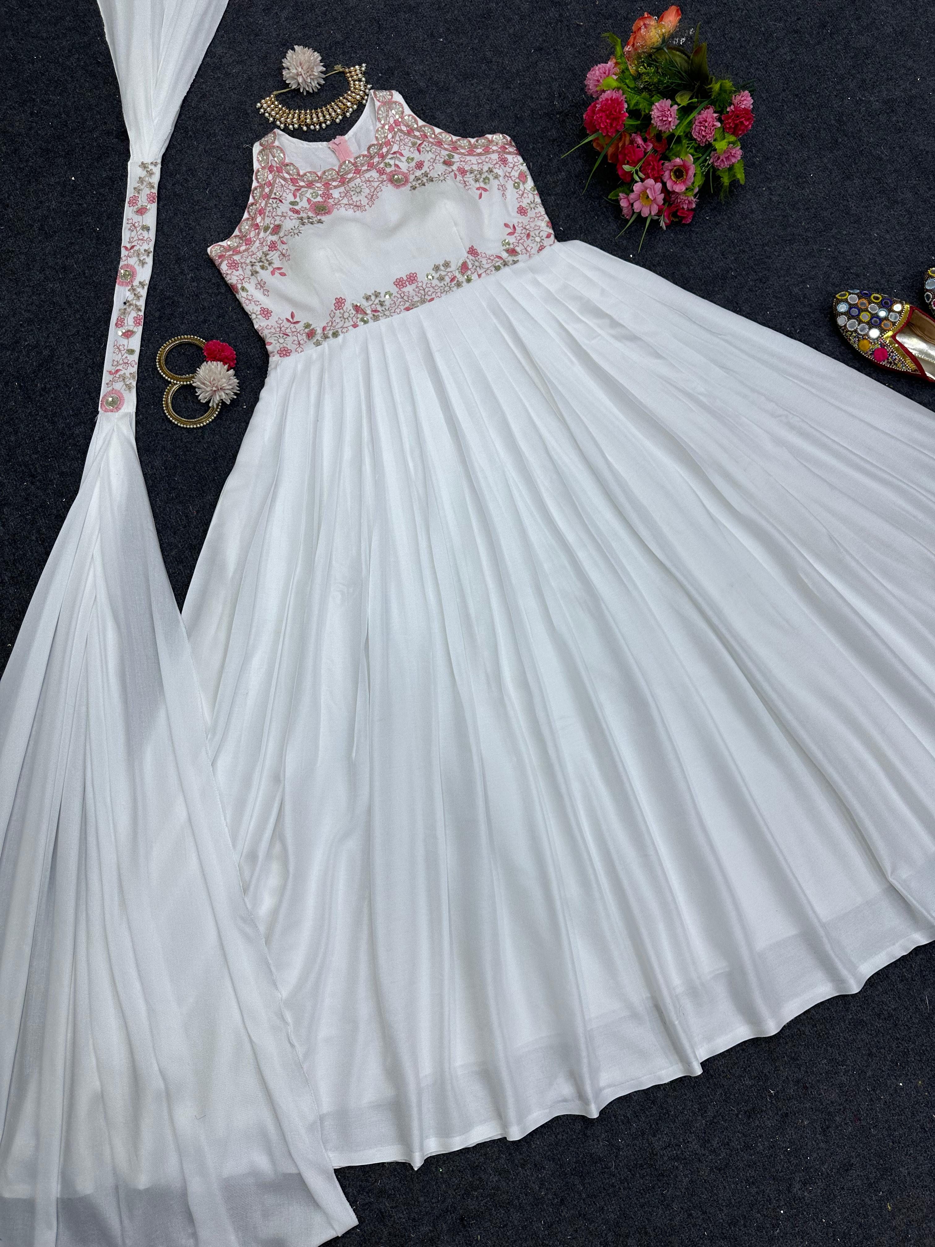 Outstanding Thread Work White Color Gown
