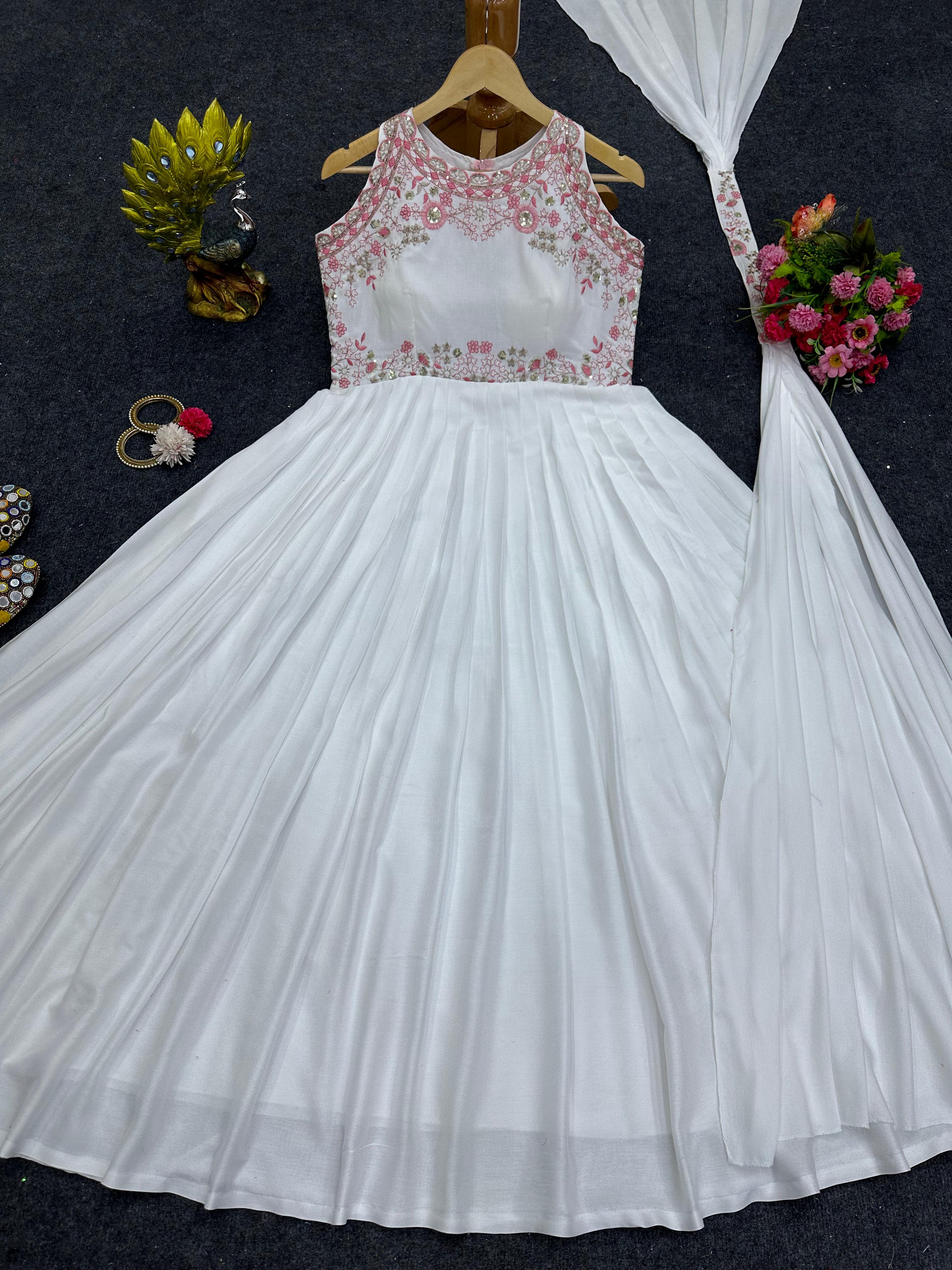 Outstanding Thread Work White Color Gown
