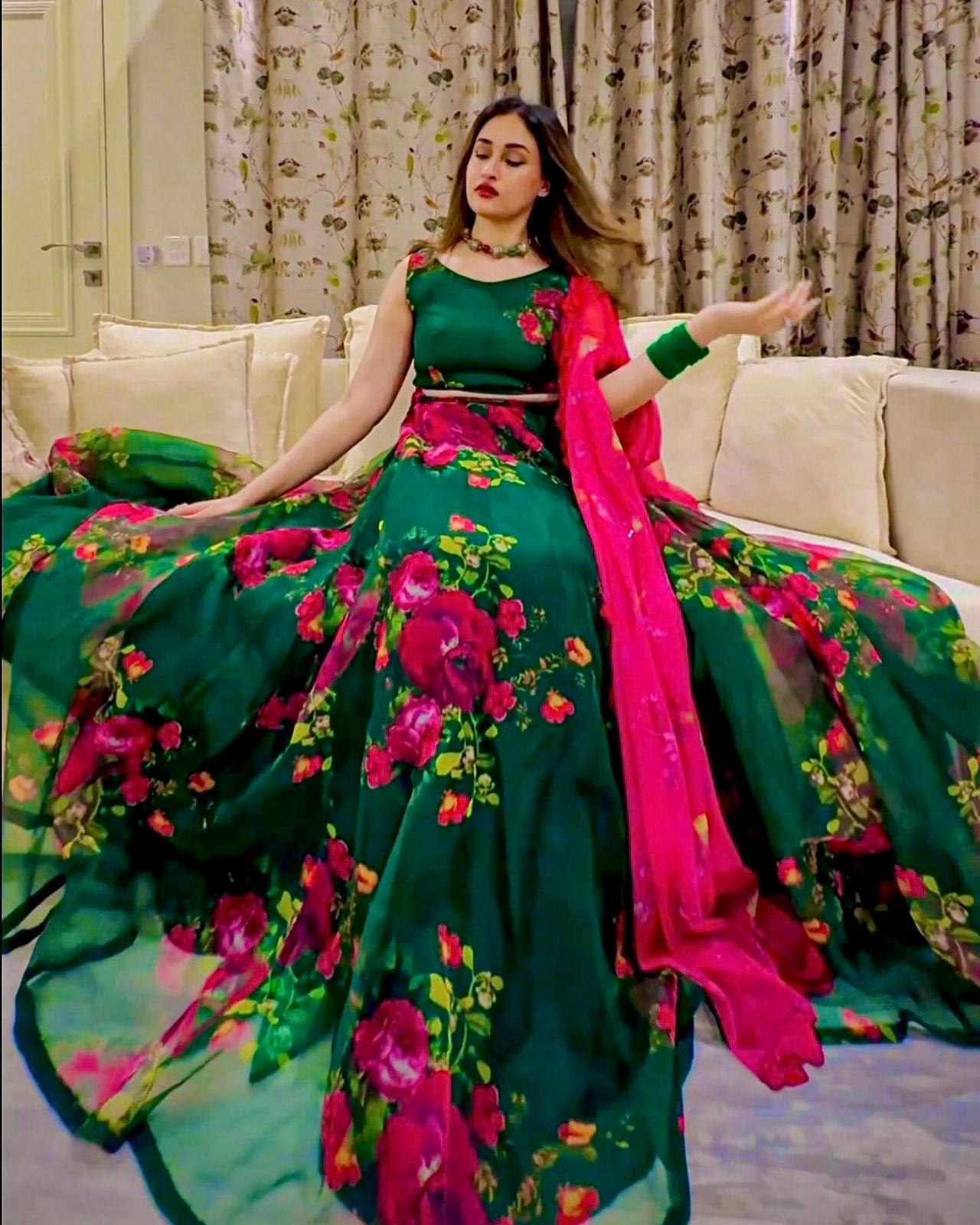 Flower Print Organza Silk Green Lehenga Choli