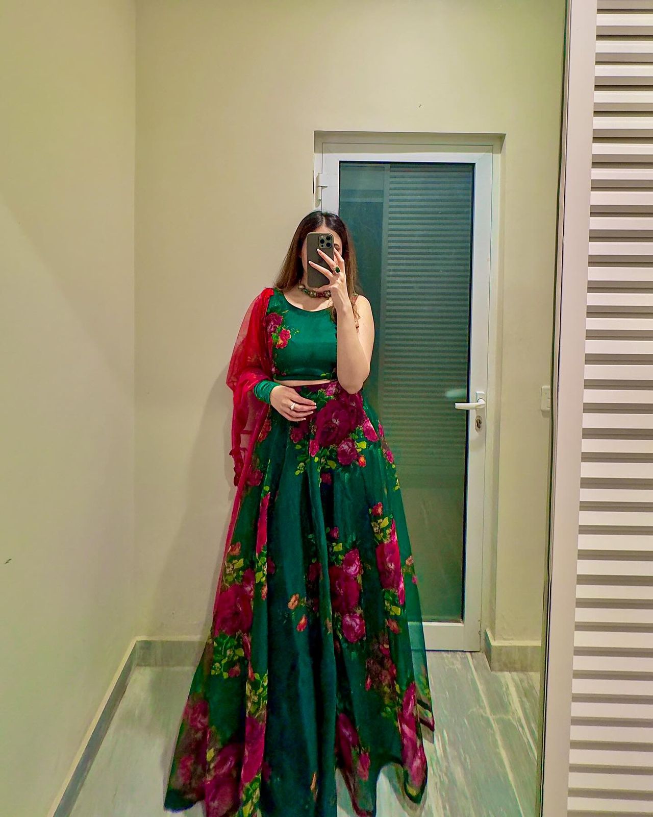 Flower Print Organza Silk Green Lehenga Choli