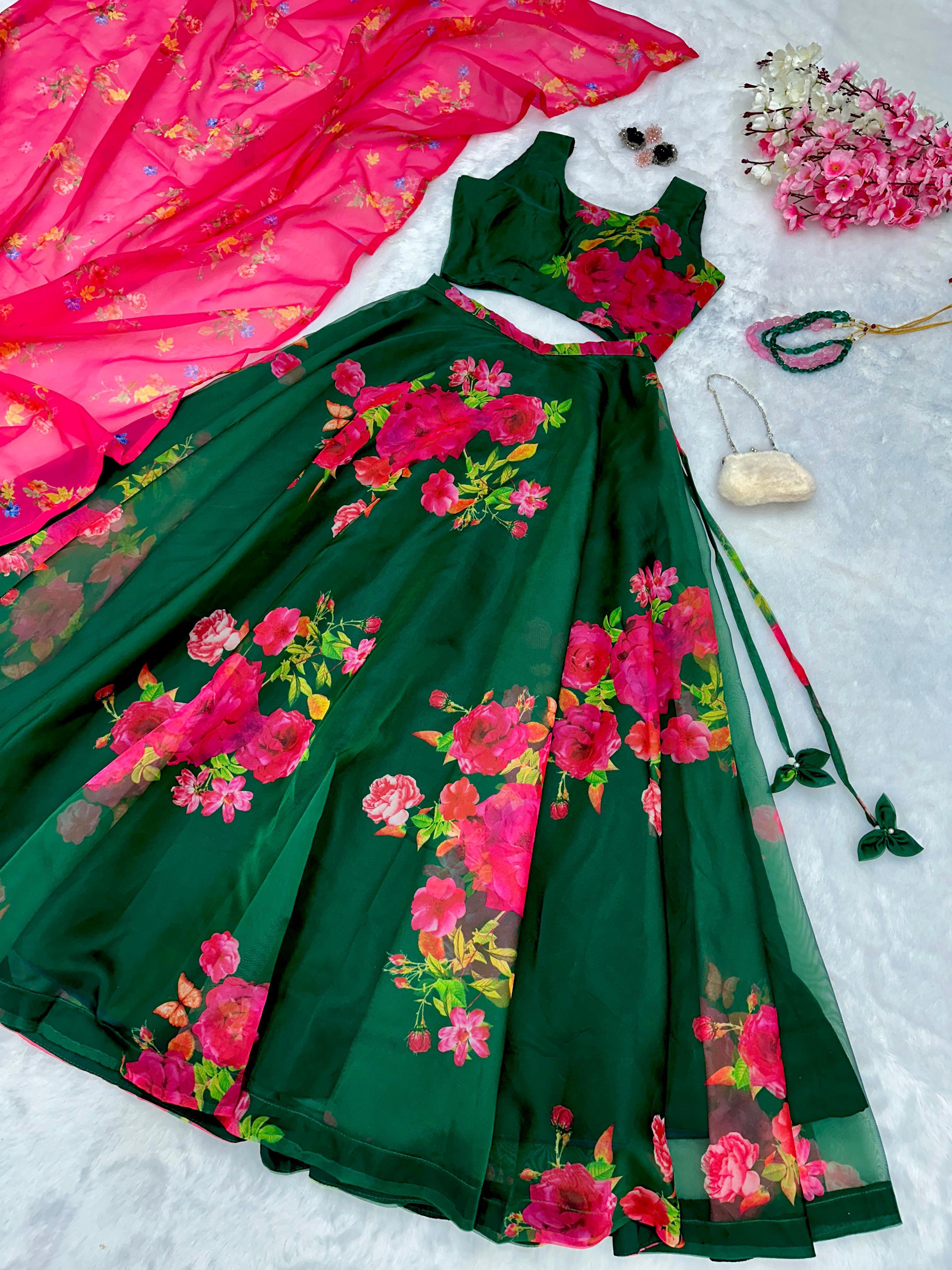 Flower Print Organza Silk Green Lehenga Choli