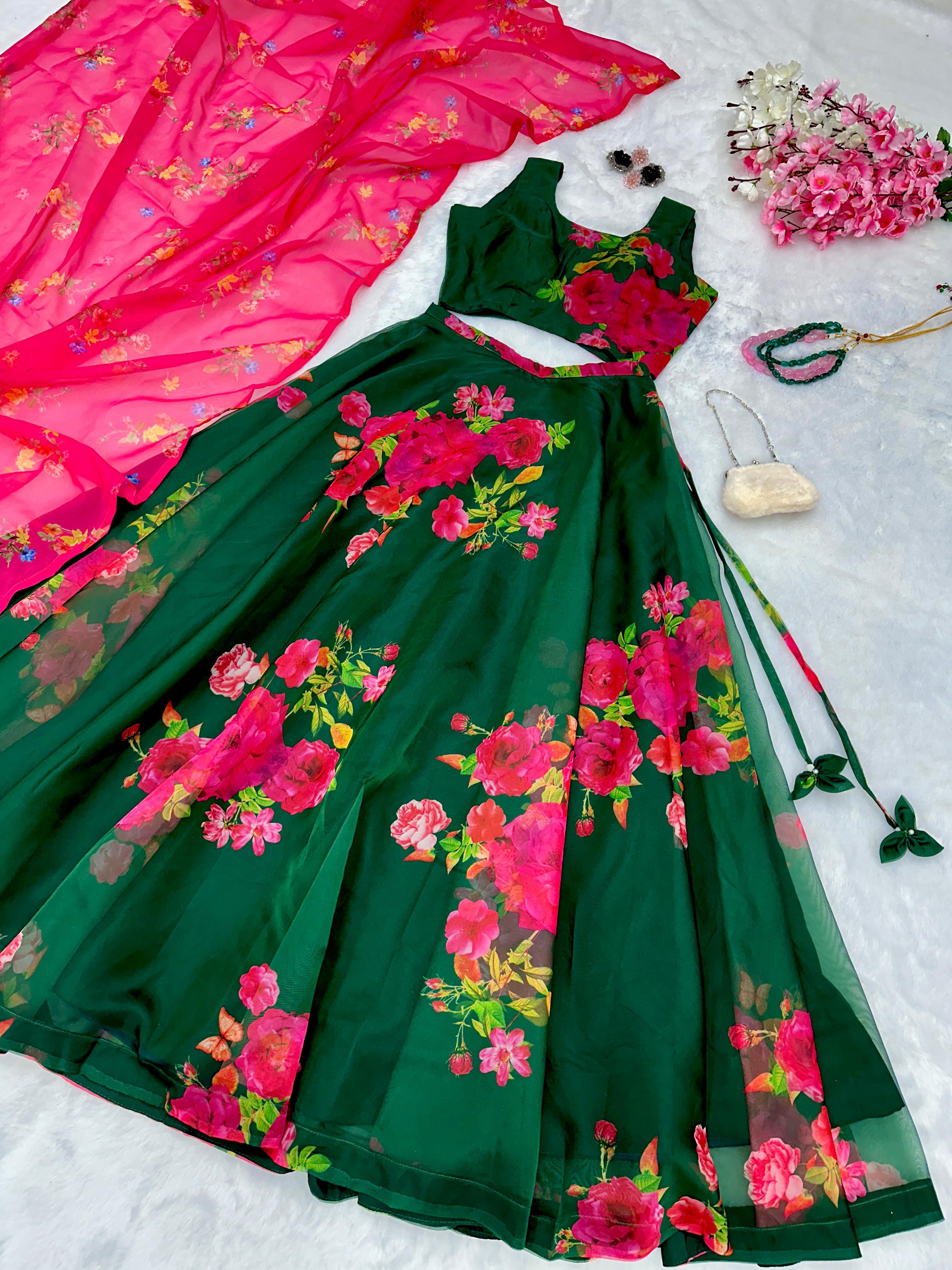 Flower Print Organza Silk Green Lehenga Choli