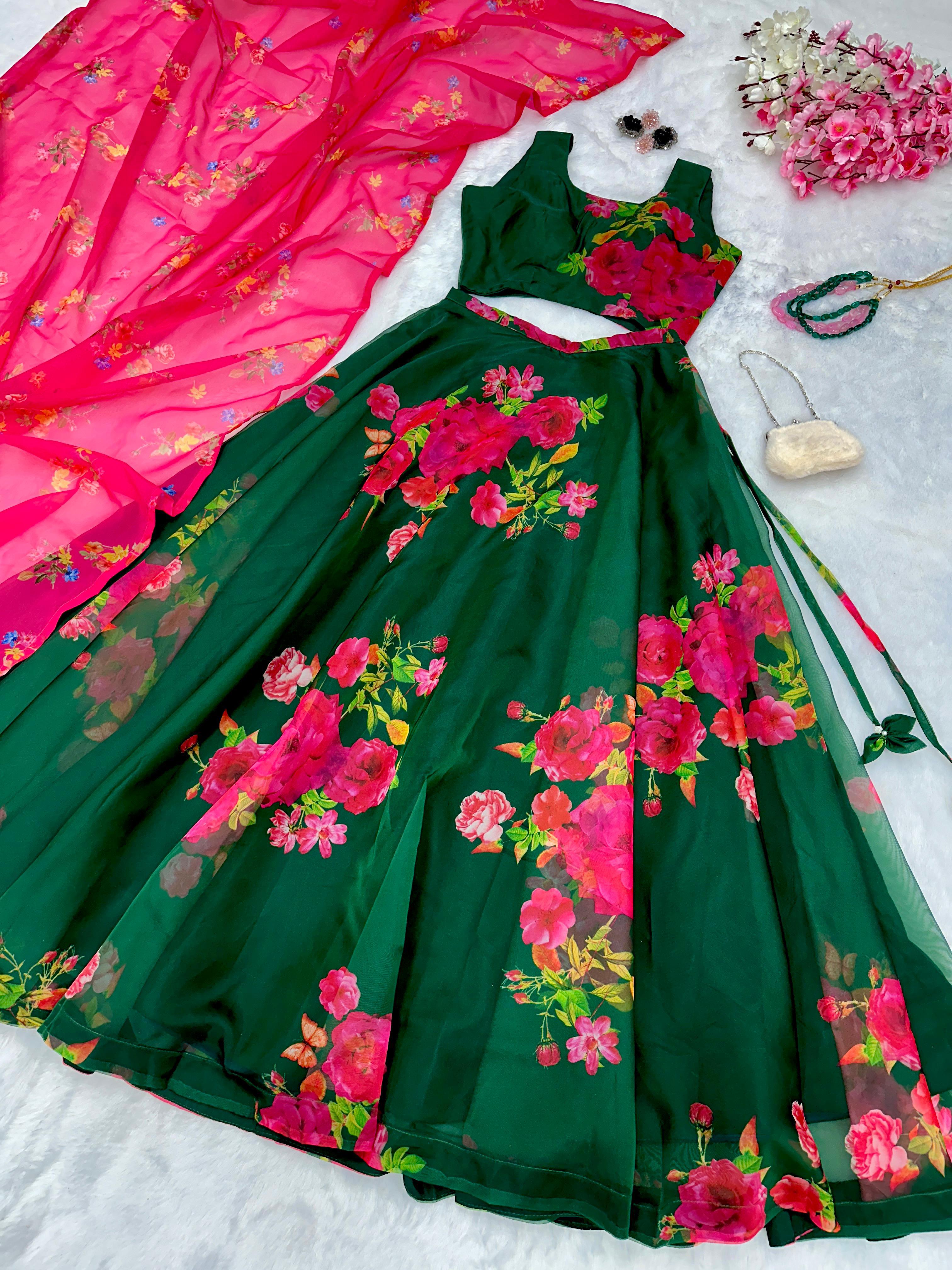 Flower Print Organza Silk Green Lehenga Choli