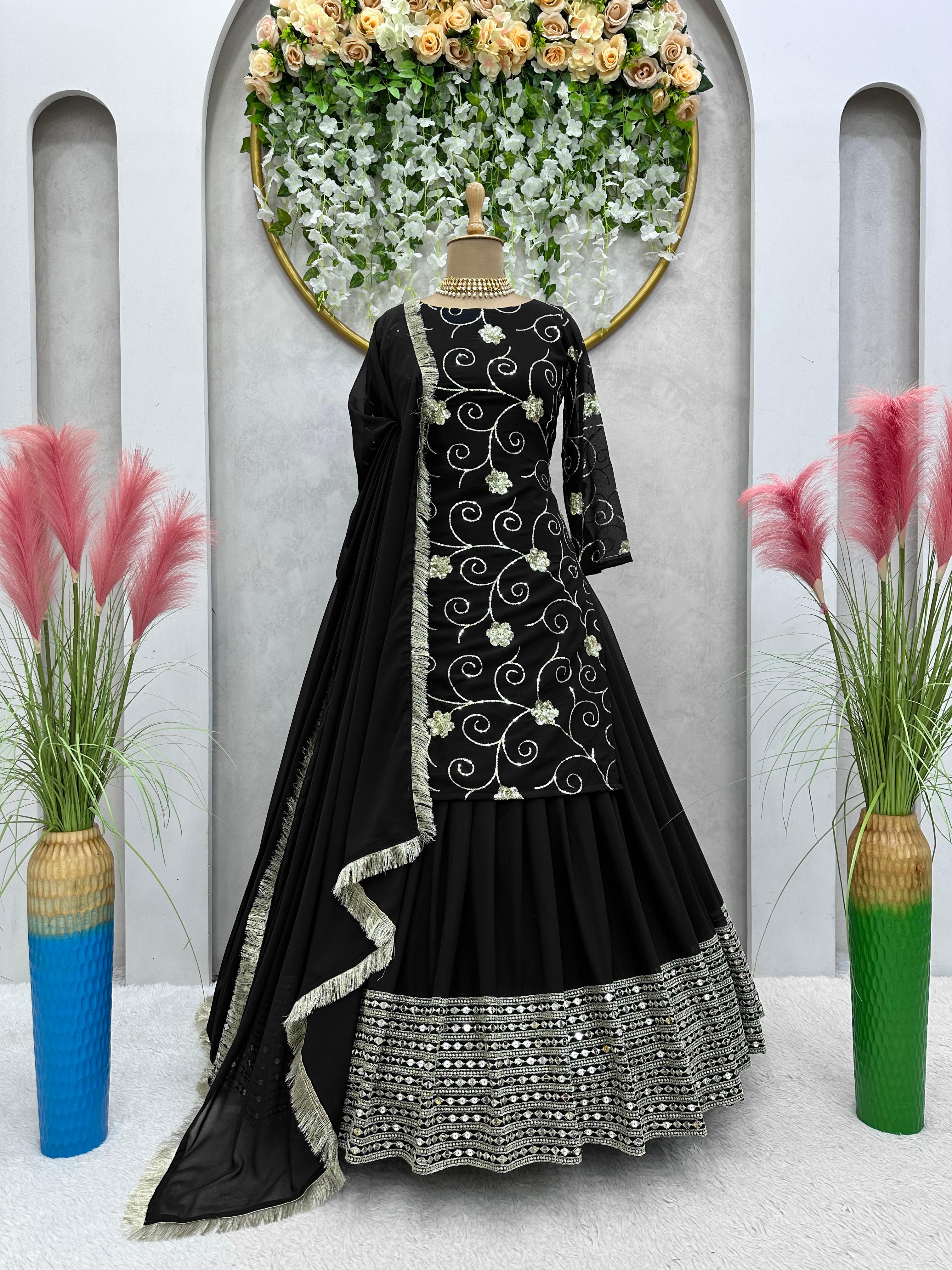 Black Color Thread Sequence Work Top With Lehenga