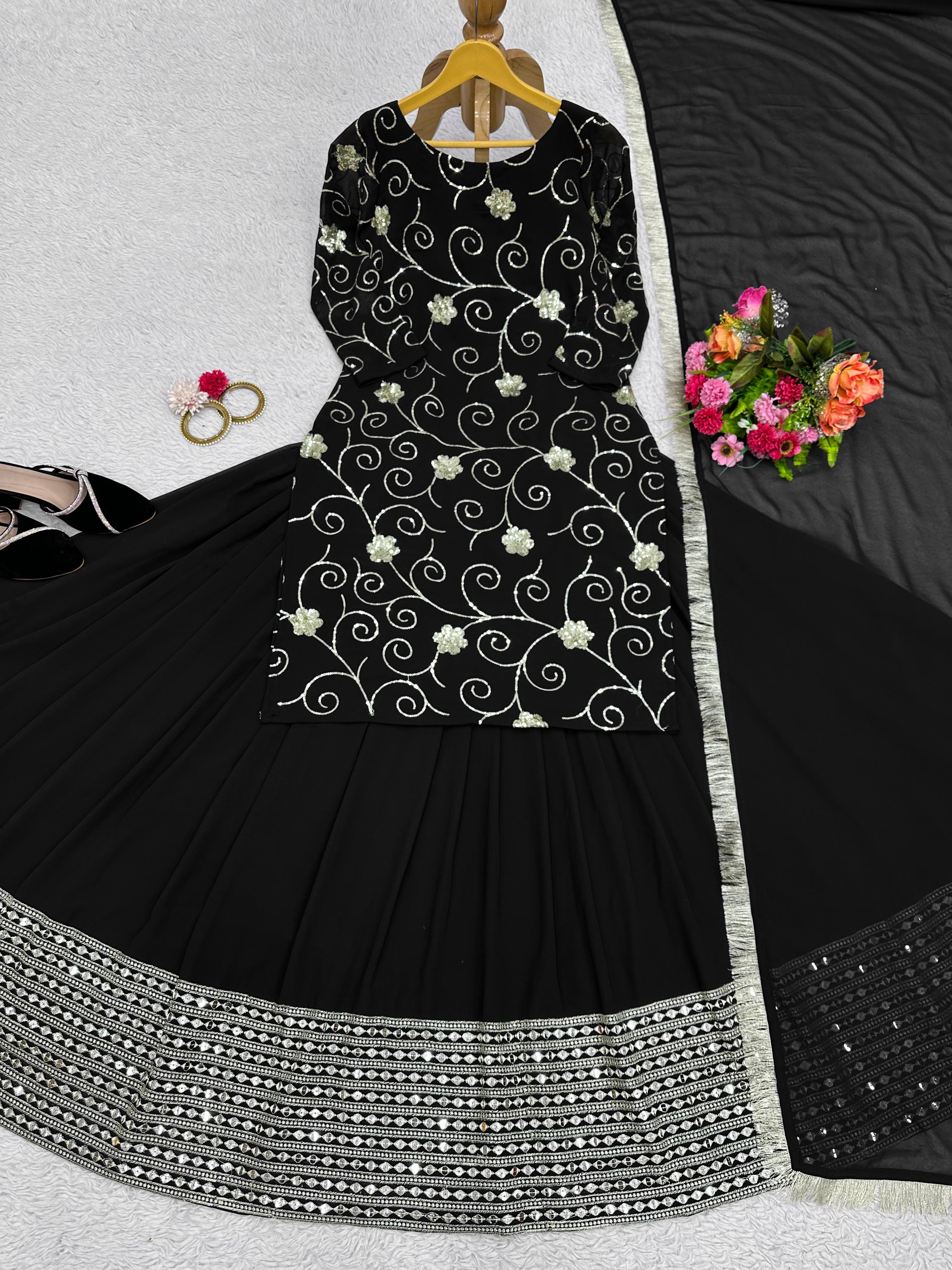 Black Color Thread Sequence Work Top With Lehenga