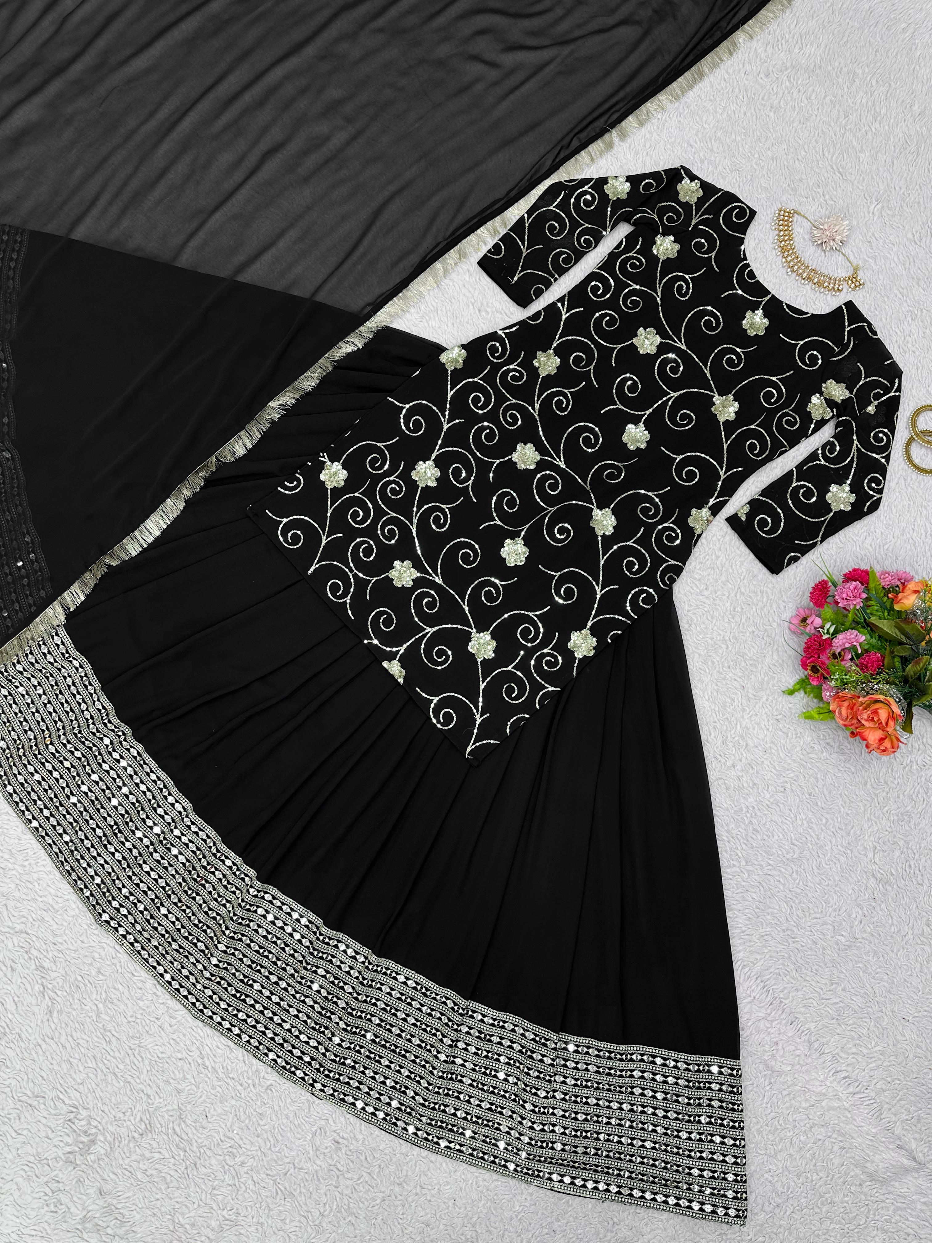 Black Color Thread Sequence Work Top With Lehenga