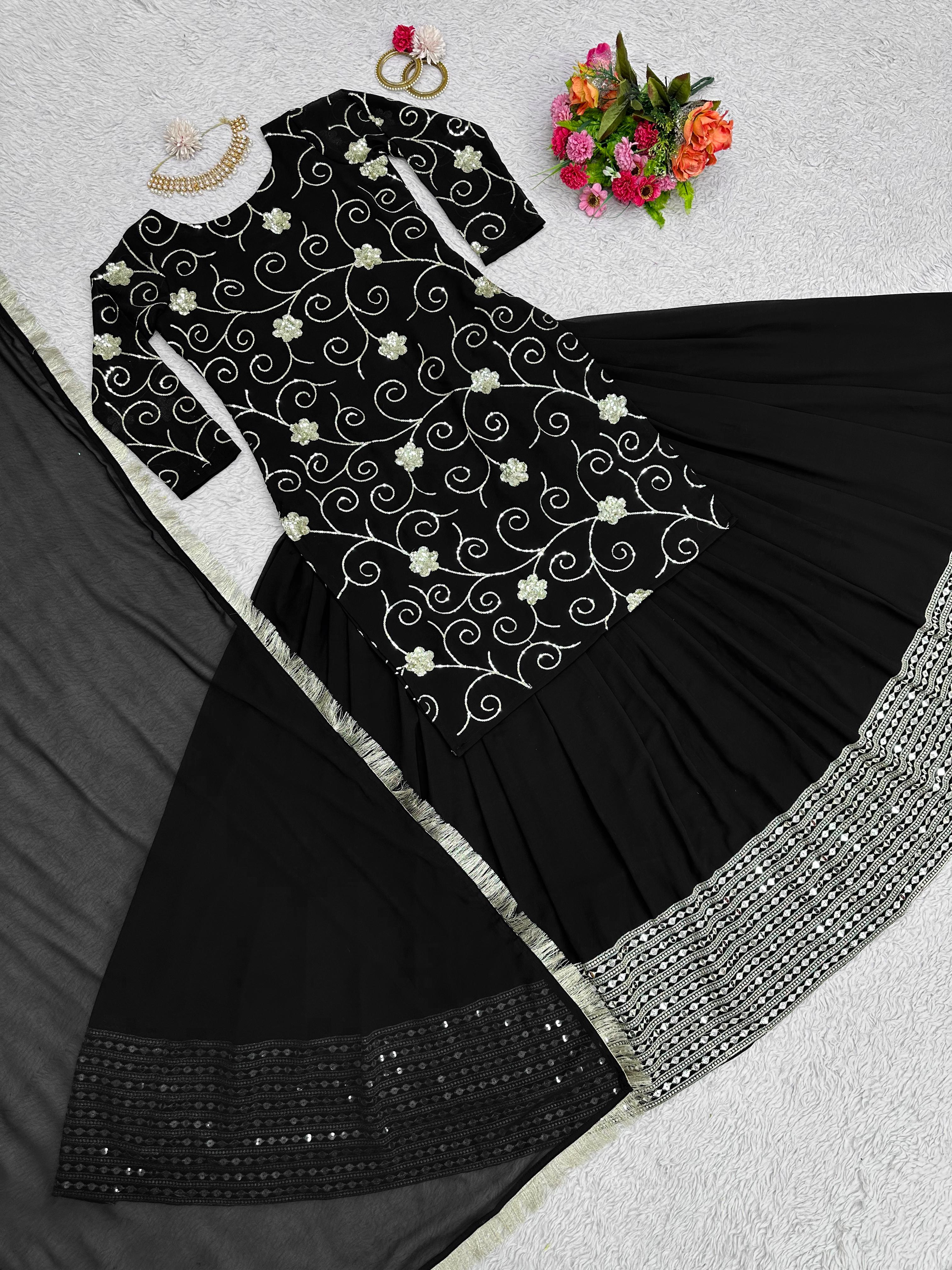 Black Color Thread Sequence Work Top With Lehenga