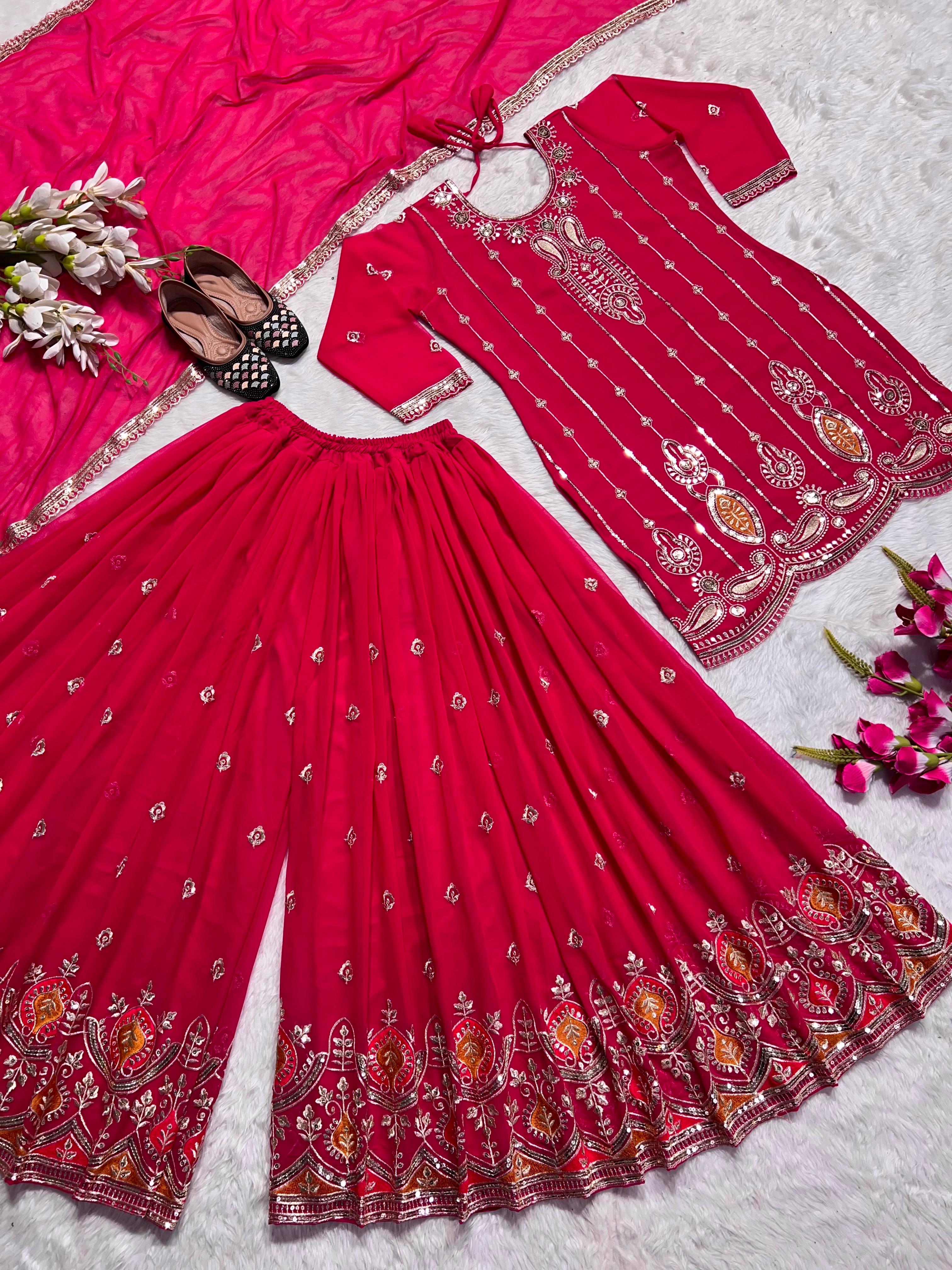 Exclusive Pink Color Embroidery Work Palazzo Suit