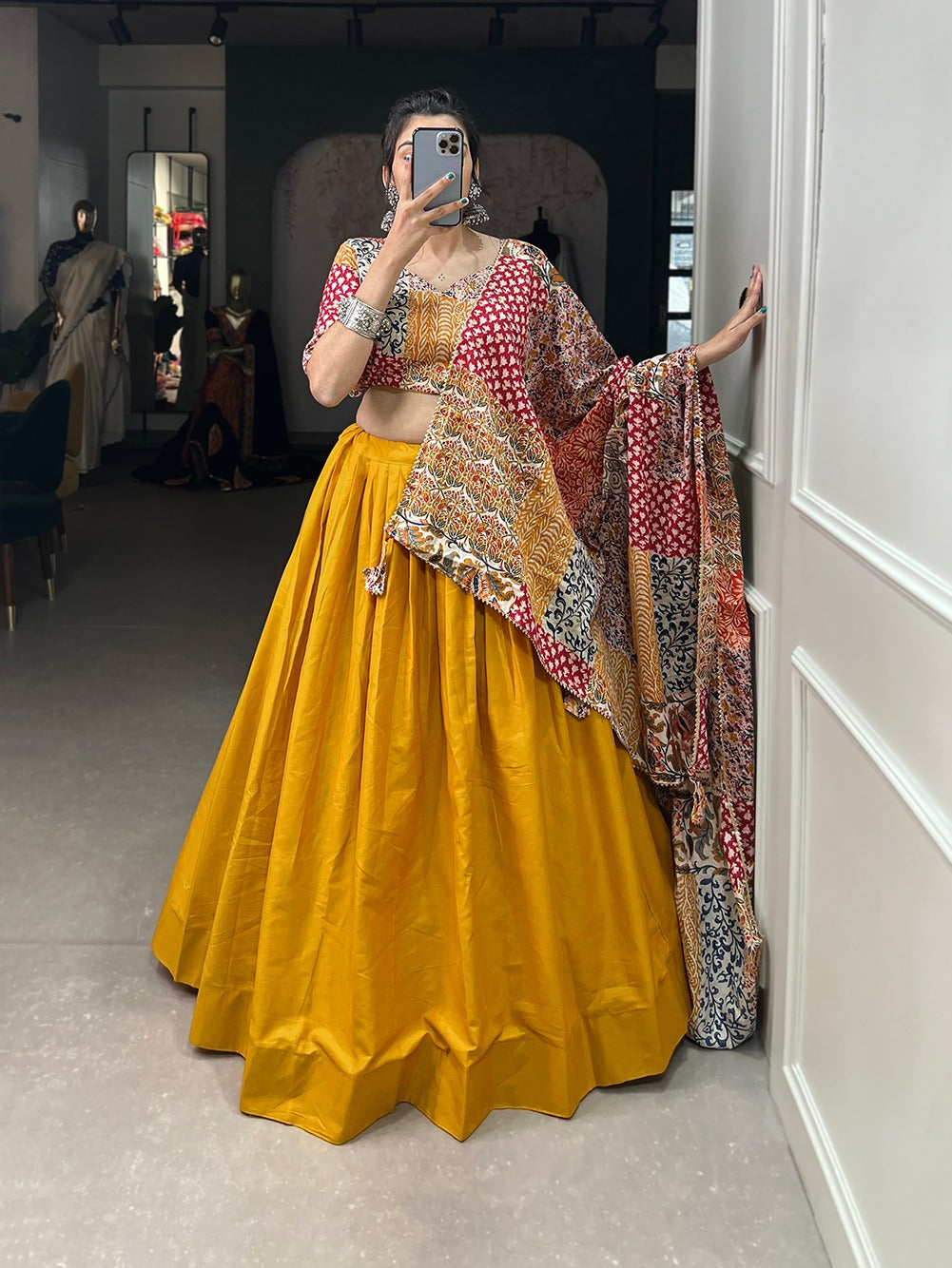 Decent Printed Blouse And Dupatta With Yellow Lehenga