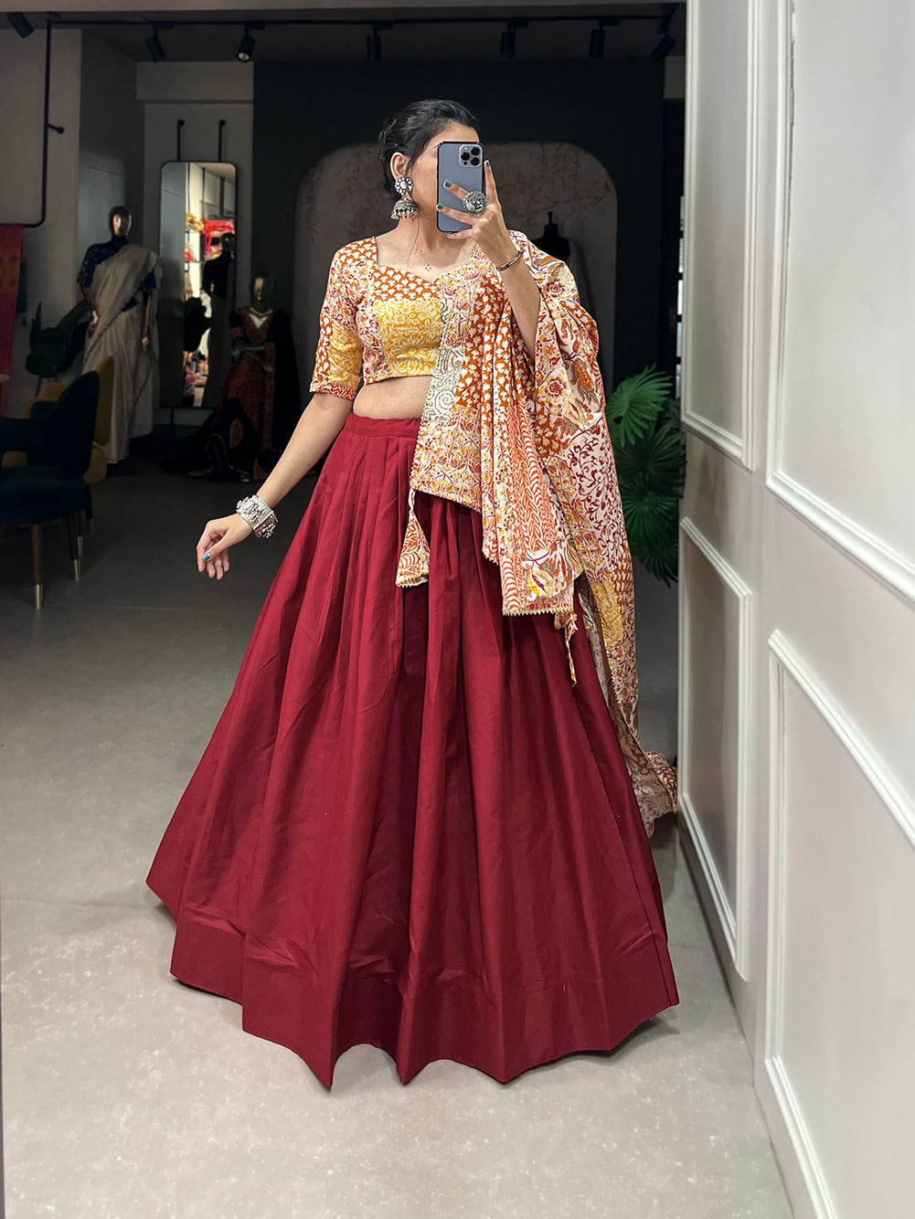 Decent Printed Blouse And Dupatta With Maroon Lehenga