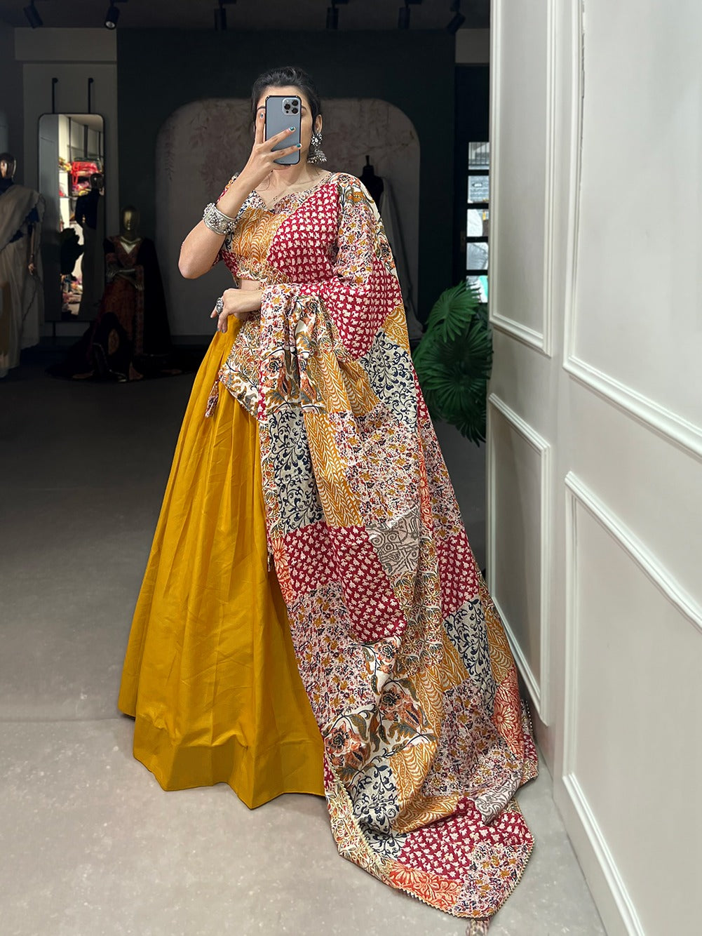 Decent Printed Blouse And Dupatta With Yellow Lehenga
