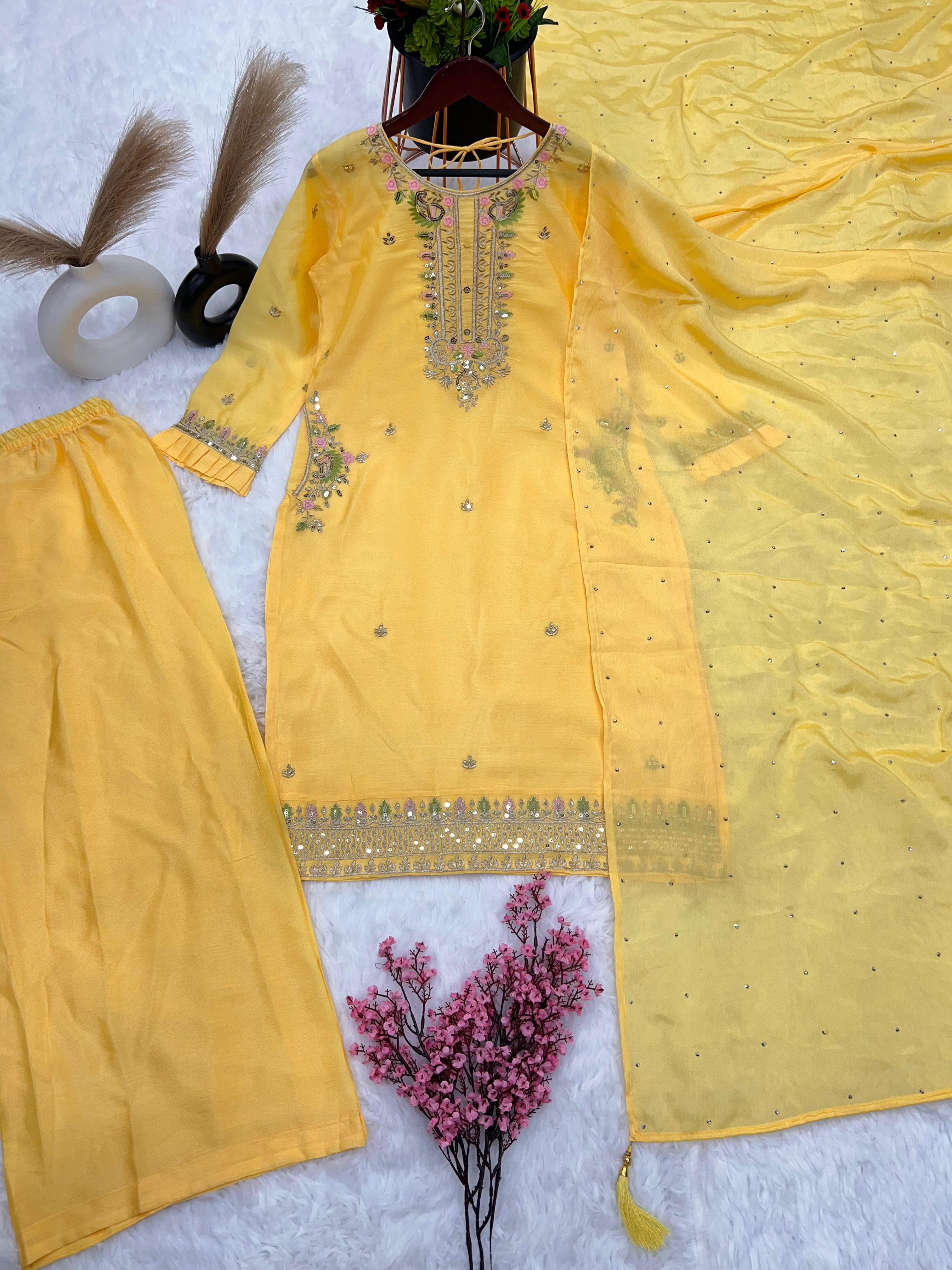 Yellow Color Sequence Embroidery Work Palazzo Suit