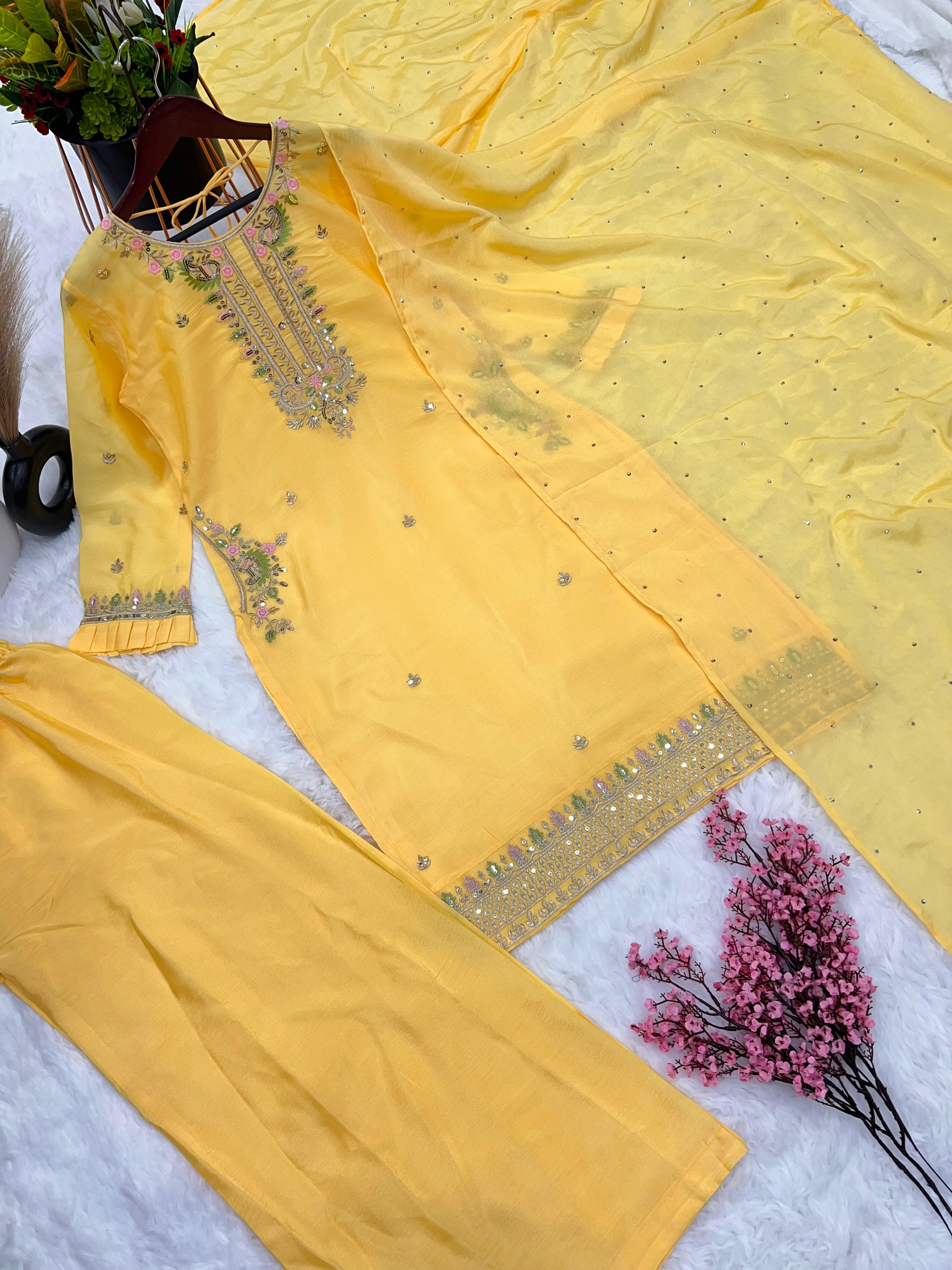 Yellow Color Sequence Embroidery Work Palazzo Suit