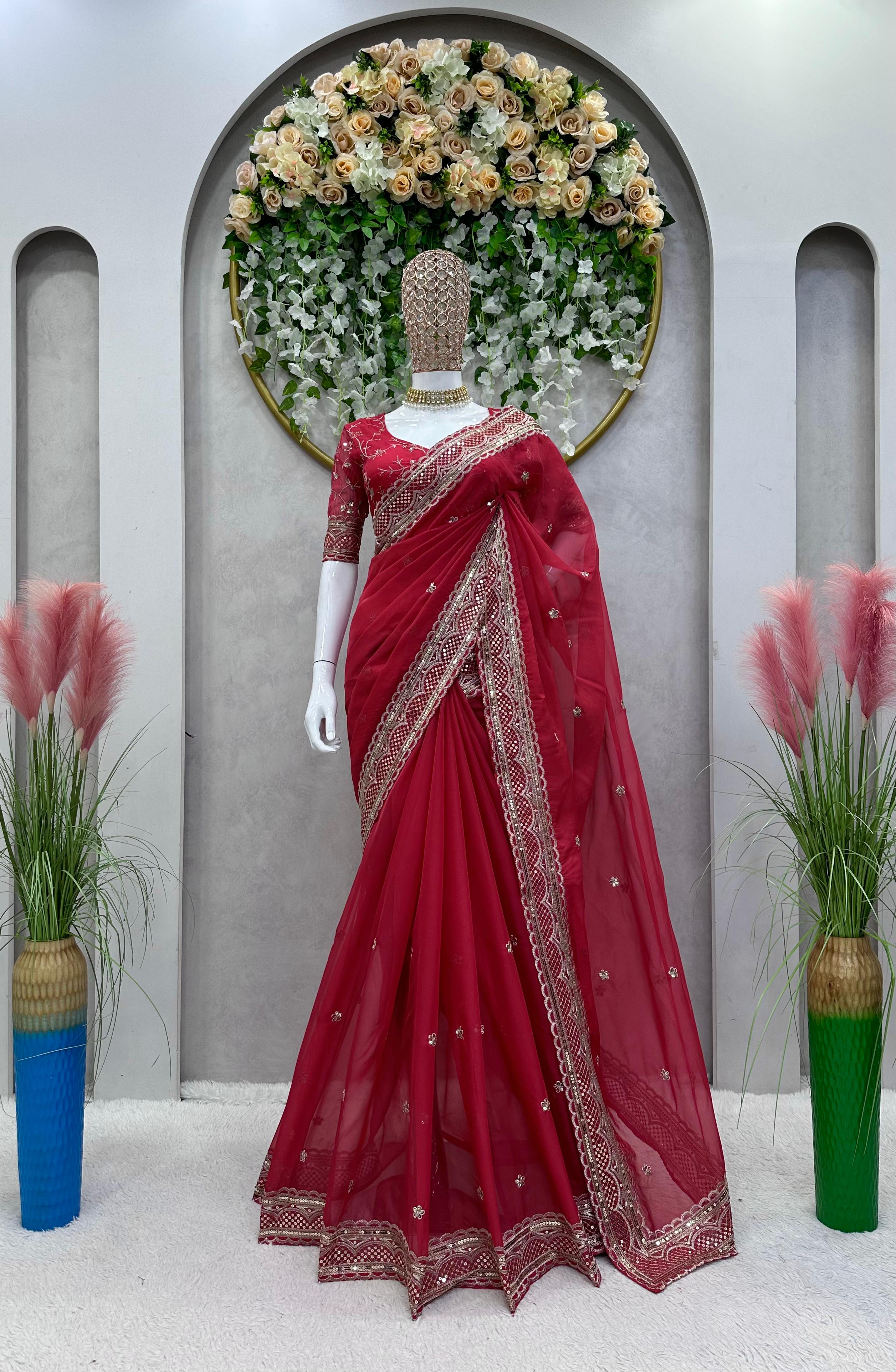 Beautiful Work Red Color Function Wear Saree