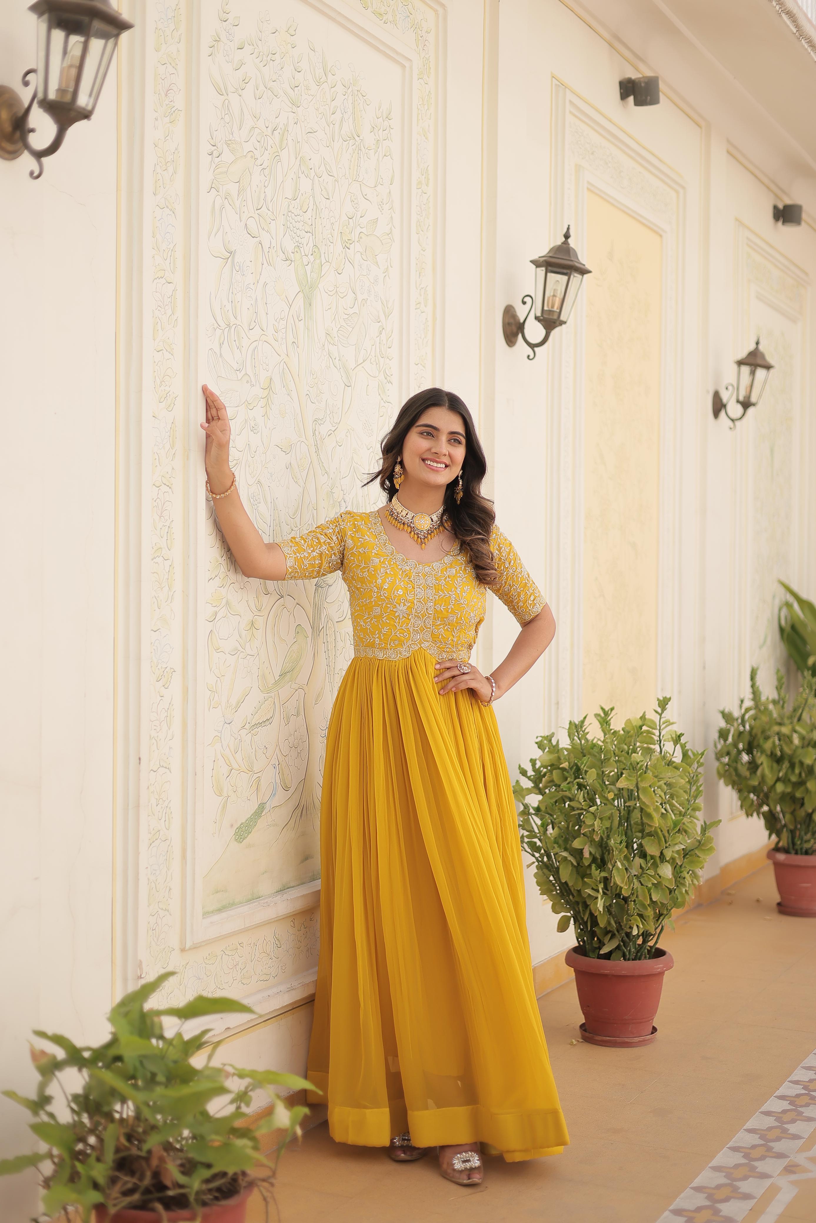 Zari Sequence Work Yellow Color Gown