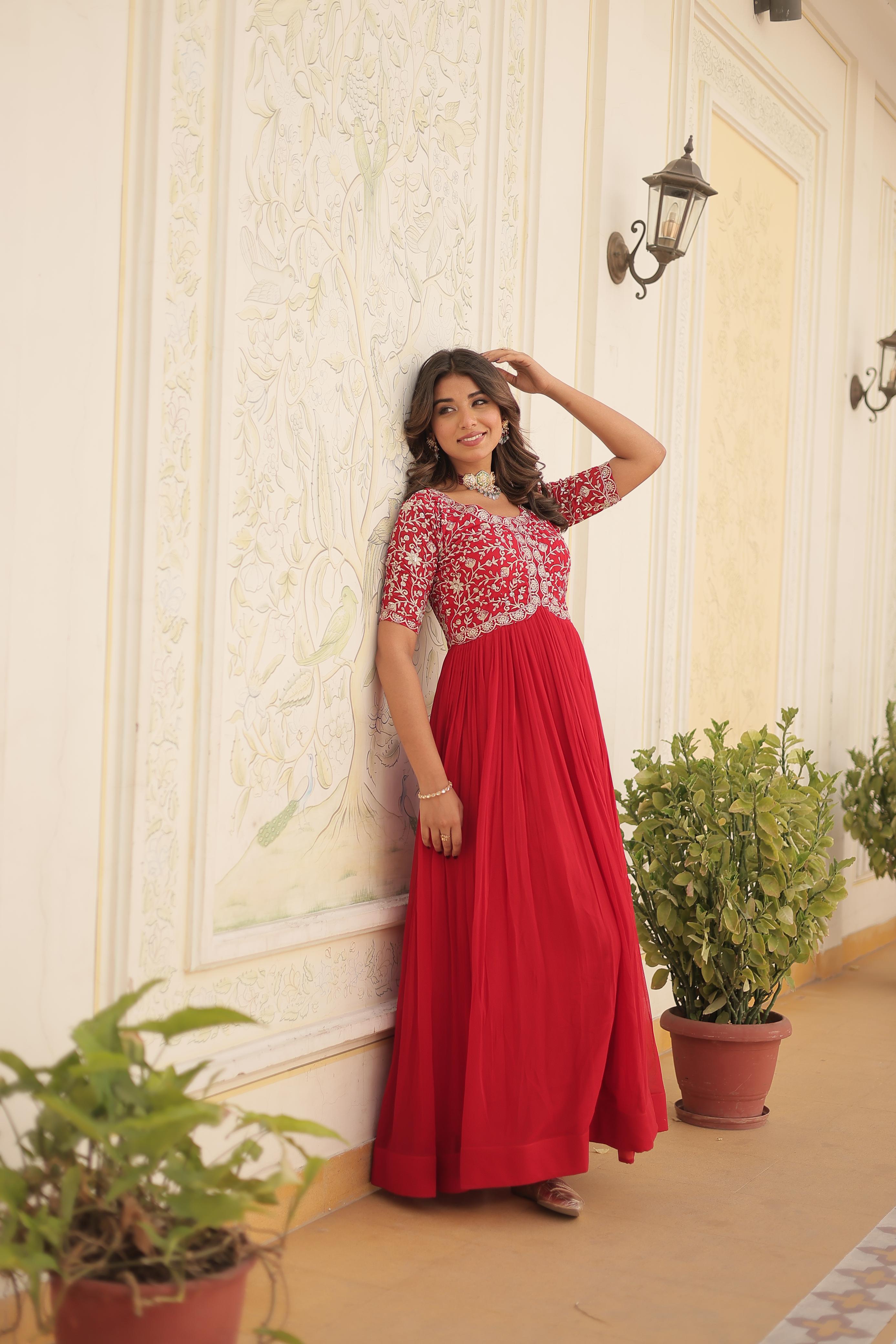 Zari Sequence Work Red Color Gown