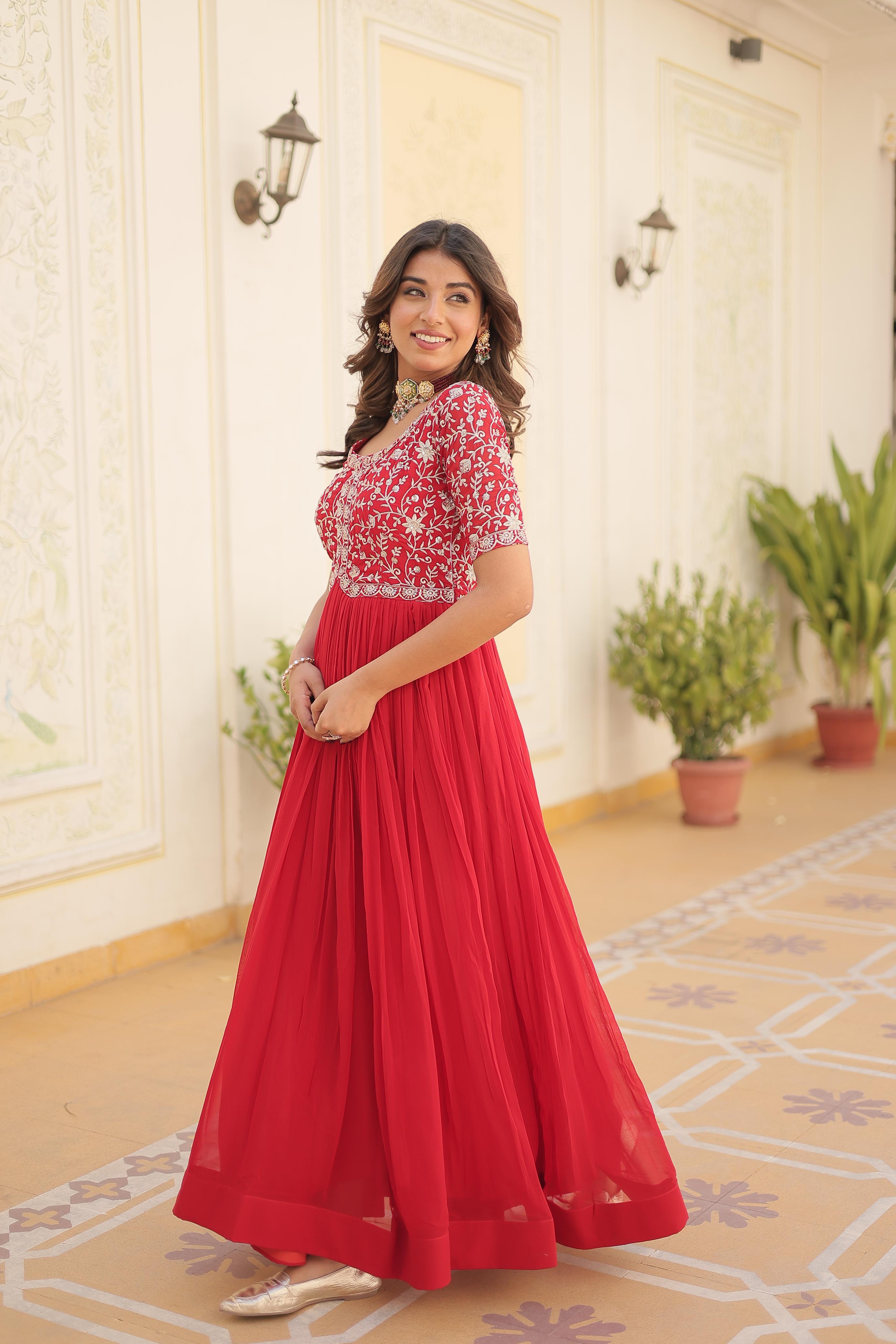 Zari Sequence Work Red Color Gown