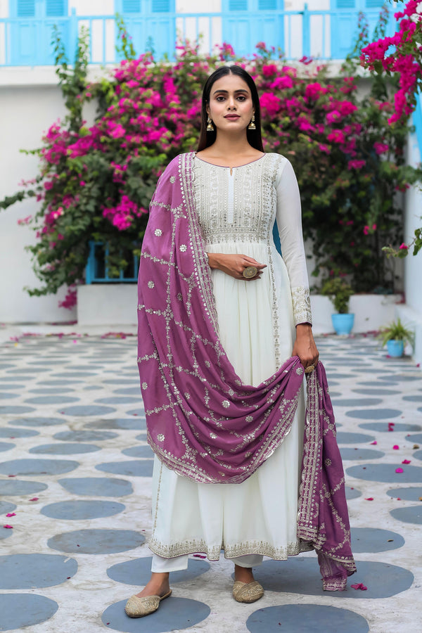 Stylish White Gown With Pink Work Dupatta