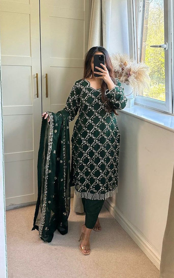 GloriousDark Green Color Full Embroidery Work Salwar Suit