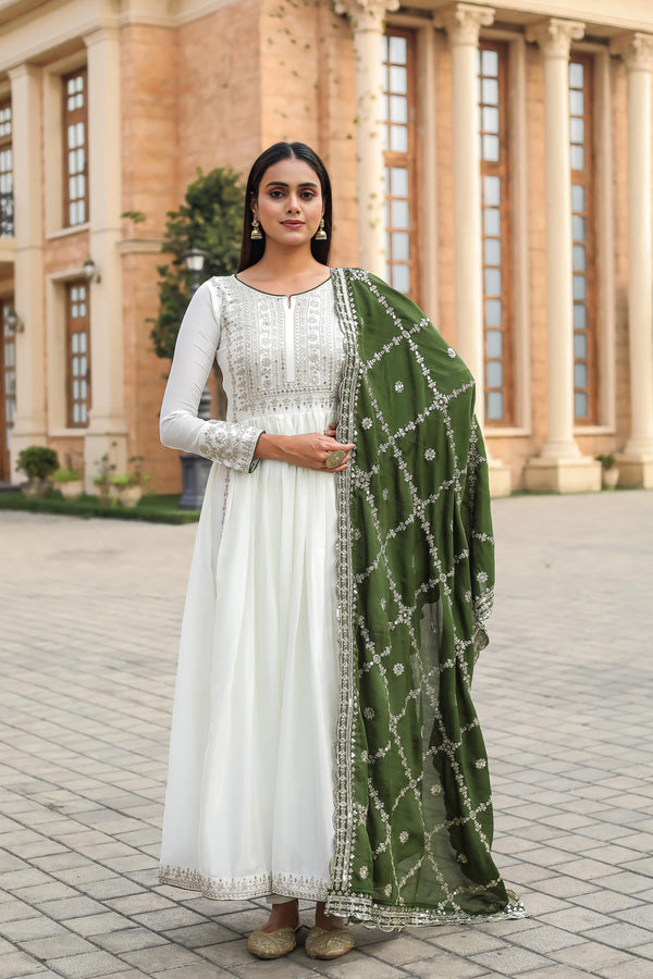 Stylish White Gown With Mehndi Work Dupatta