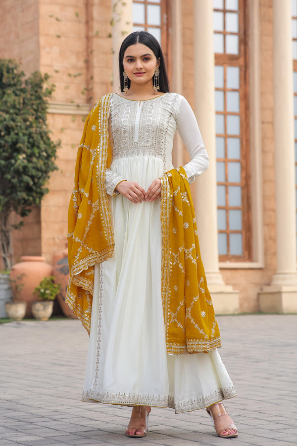 Stylish White Gown With Yellow Work Dupatta