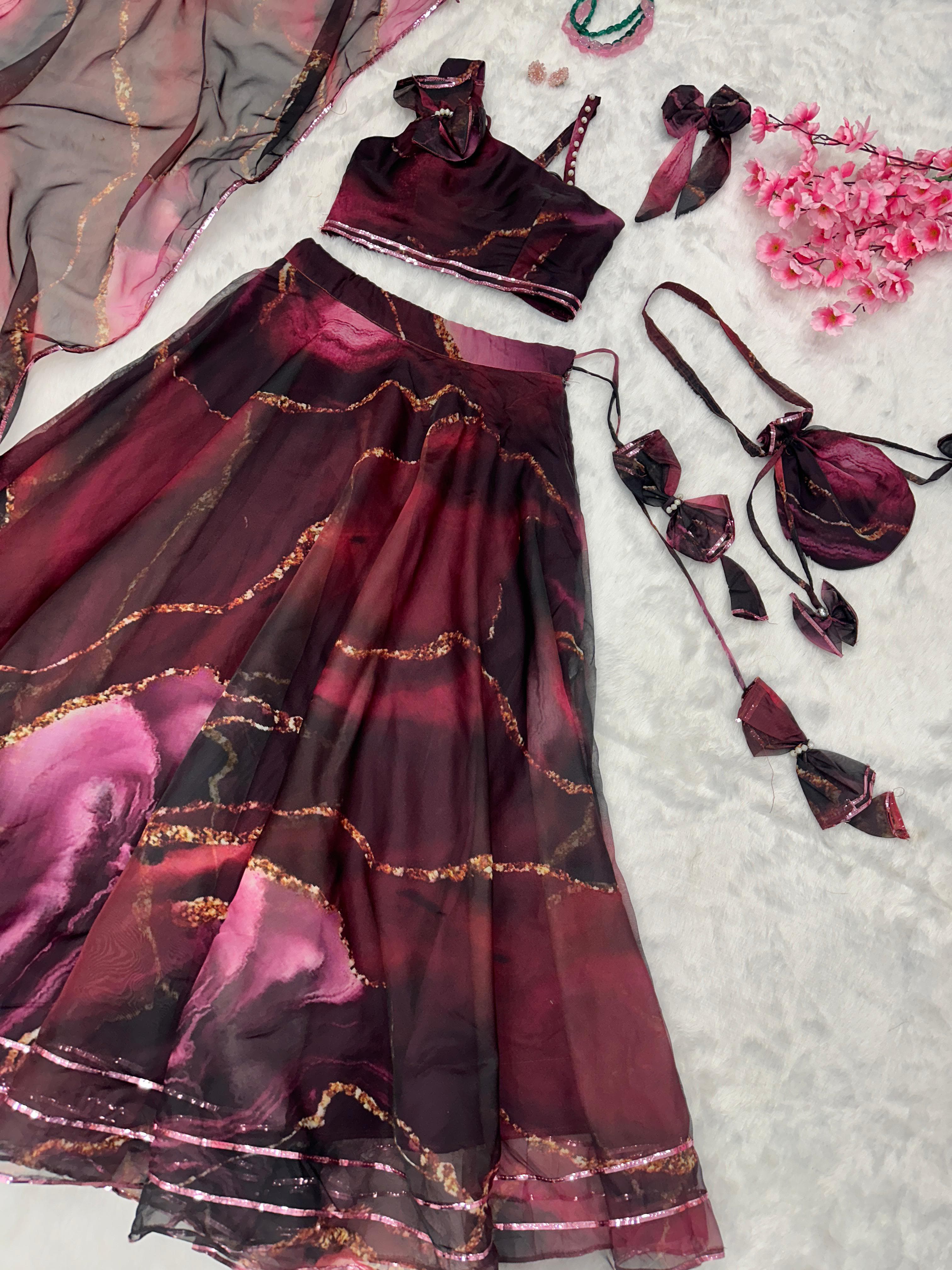 Organza Silk Wine Color Lehenga With Exclusive Blouse