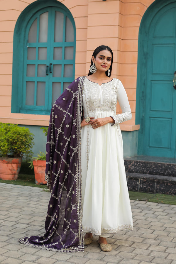 Stylish White Gown With Purple Work Dupatta