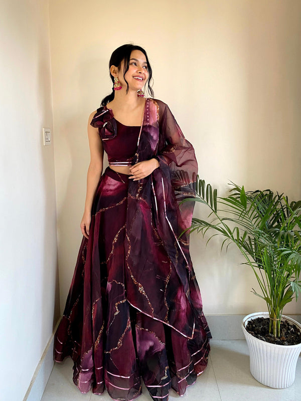 Organza Silk Wine Color Lehenga With Exclusive Blouse