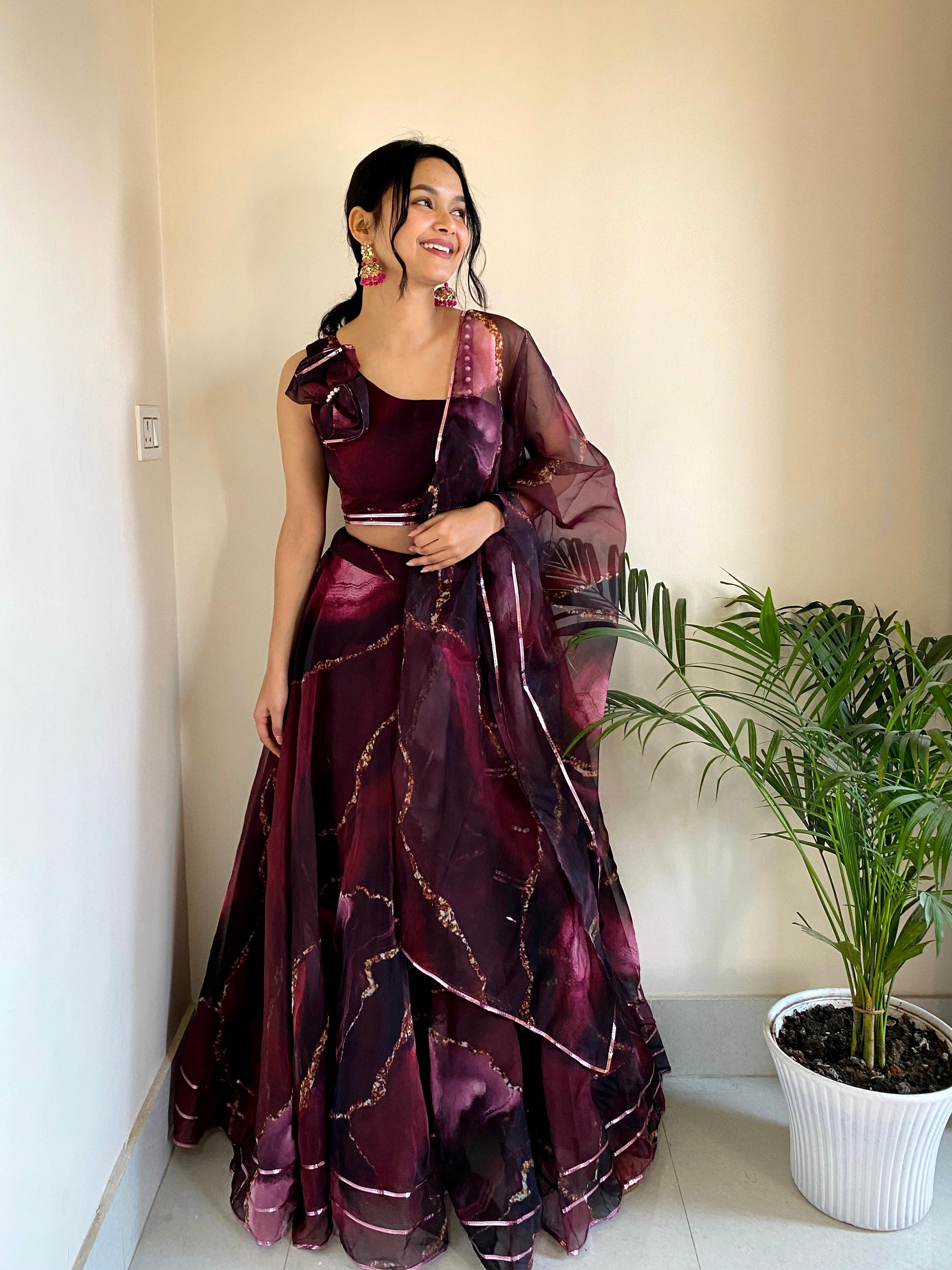 Organza Silk Wine Color Lehenga With Exclusive Blouse