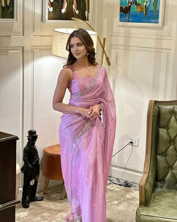 Shining Dusty Pink Color Real Mirror Work Saree