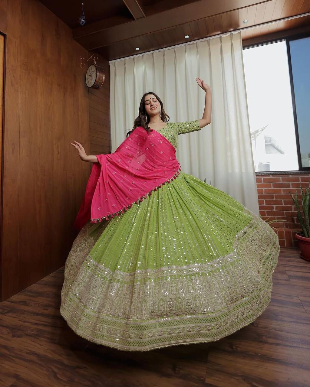 Traditional Wear Parrot Green Lehenga Choli With Pink Dupatta